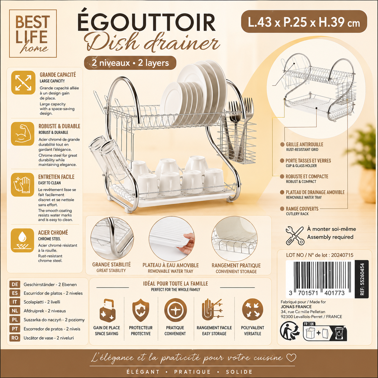 DISH DRAINER - LARGE CAPACITY,DURABLE,EASY TO CLEAN & CHROME STEEL (43cm*25cm*39cm) by Egouttoir