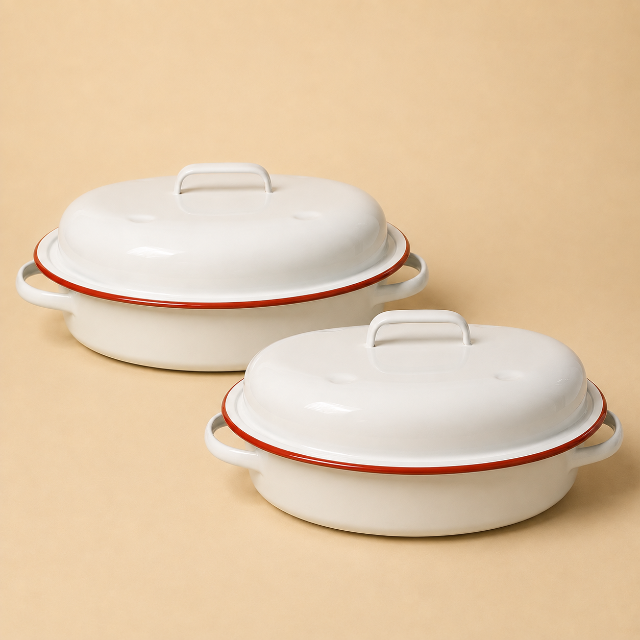HIGH ST BRAND - ENAMEL ROASTER WITH SELF BASTING LID - SET OF 2/PACK - ELEGANTLY DESIGNED IN RED & WHITE COLOR