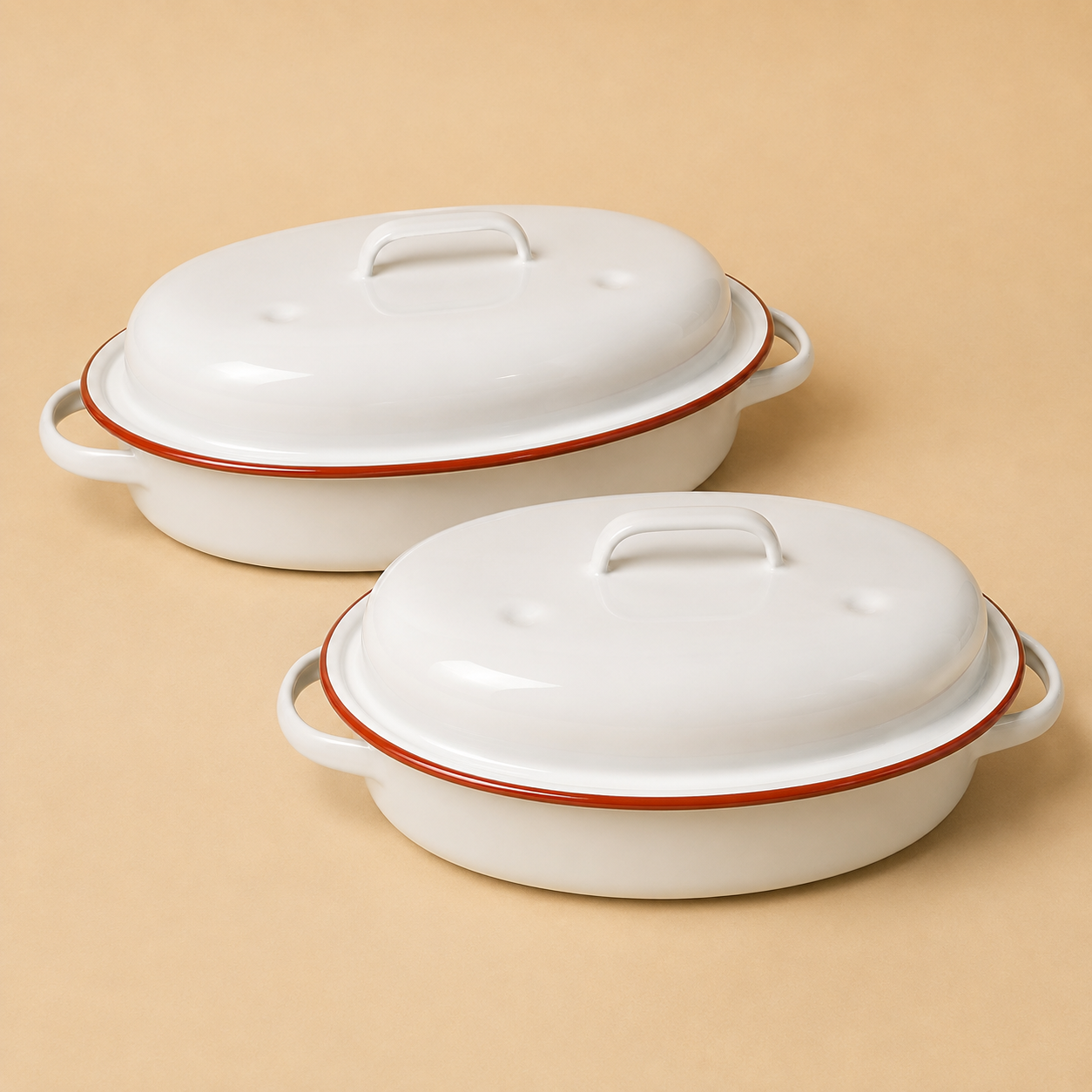 HIGH ST BRAND - ENAMEL ROASTER WITH SELF BASTING LID - SET OF 2/PACK - ELEGANTLY DESIGNED IN RED & WHITE COLOR