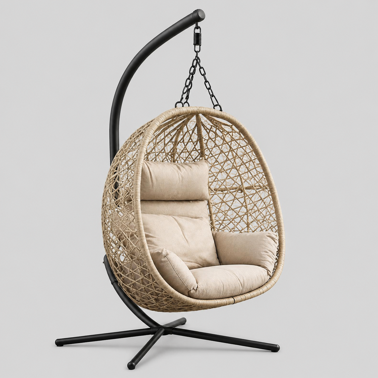 HANGING EGG CHAIR - WEATHER RESISTANT, STRONG STEEL FRAME, STABLE X-BASE & COMFORT CUSHION INCLUDED - MAX 130KG LOAD - Size: 104*106*195cm - Natural Color