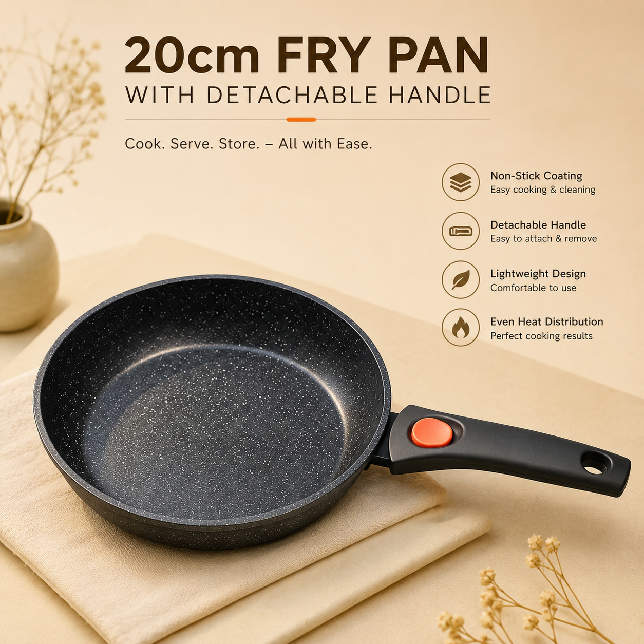 20CM FRY PAN WITH DETACHABLE HANDLE - EASY TO CLEAN & COMFORTABLE GRIP - Perfect for everyday cooking by EISENBACH
