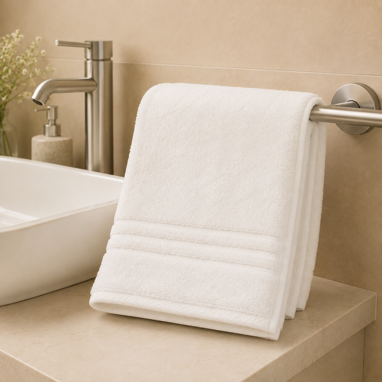 HIGH ST BRAND - HAND TOWEL - WHITE STRIPPED - SUPER SOFT EGYPTIAN COTTON & 600GSM - (50cm*90cm)