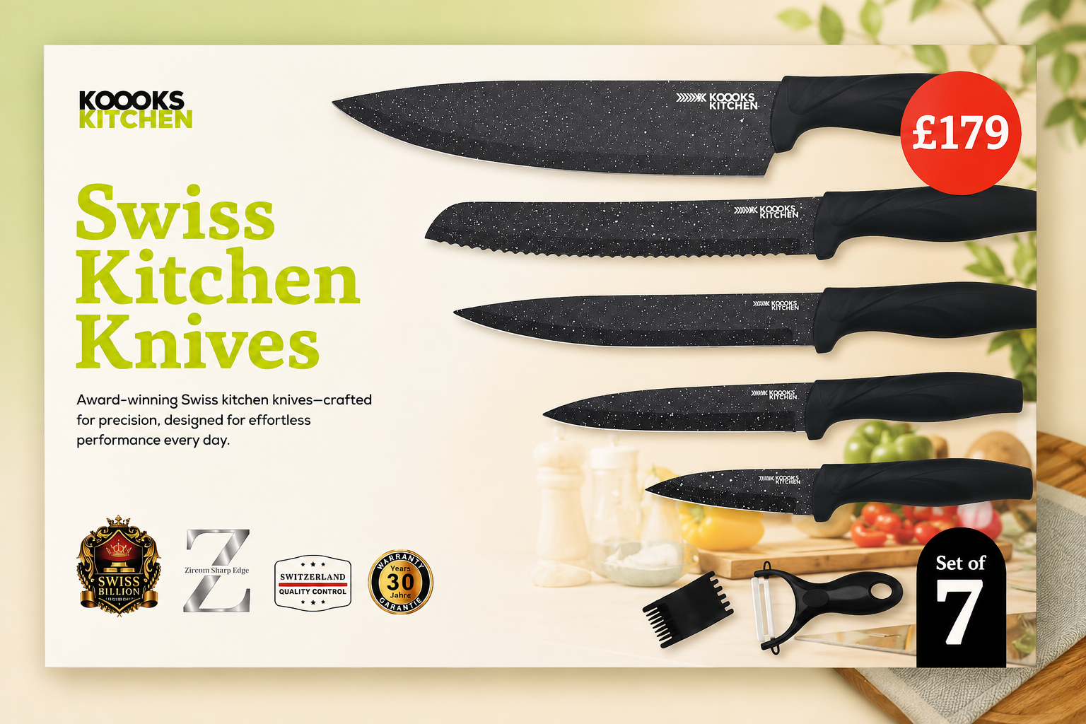 7 PIECE KNIFE SET - SWISS KITCHEN KNIVES by KOOKS KITCHEN FOR ABOVE 18 YEARS AGE