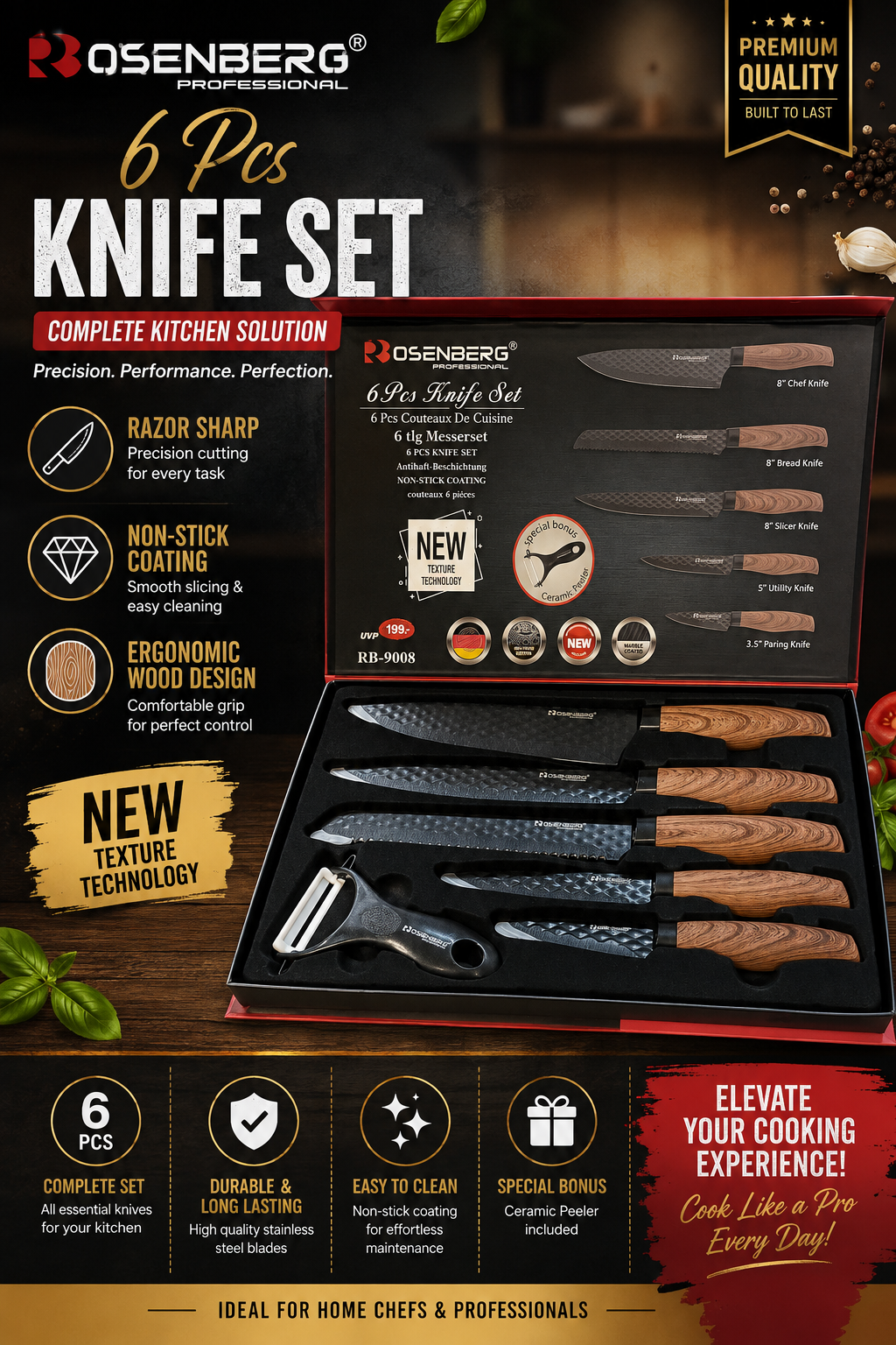 6 PIECES KNIFE SET - WOODEN HANDLES WITH NEW TEXTURE TECHNOLOGY - FOR ABOVE 18 YEARS -MODEL NO:RB-9008 by ROSENBERG