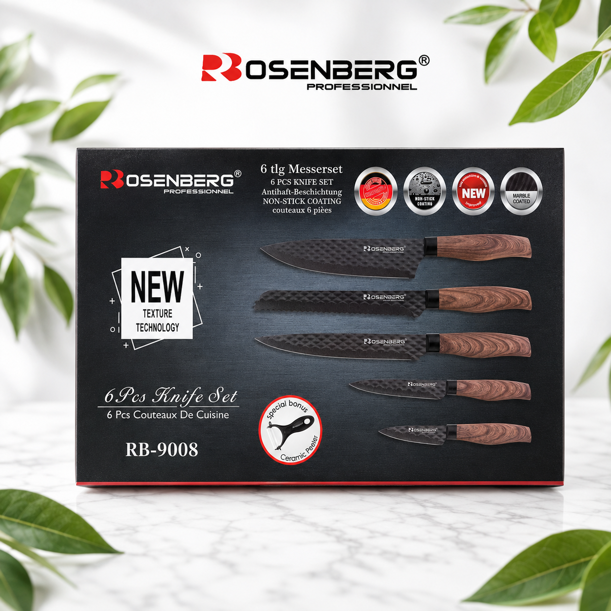 6 PIECES KNIFE SET - WOODEN HANDLES WITH NEW TEXTURE TECHNOLOGY - FOR ABOVE 18 YEARS -MODEL NO:RB-9008 by ROSENBERG