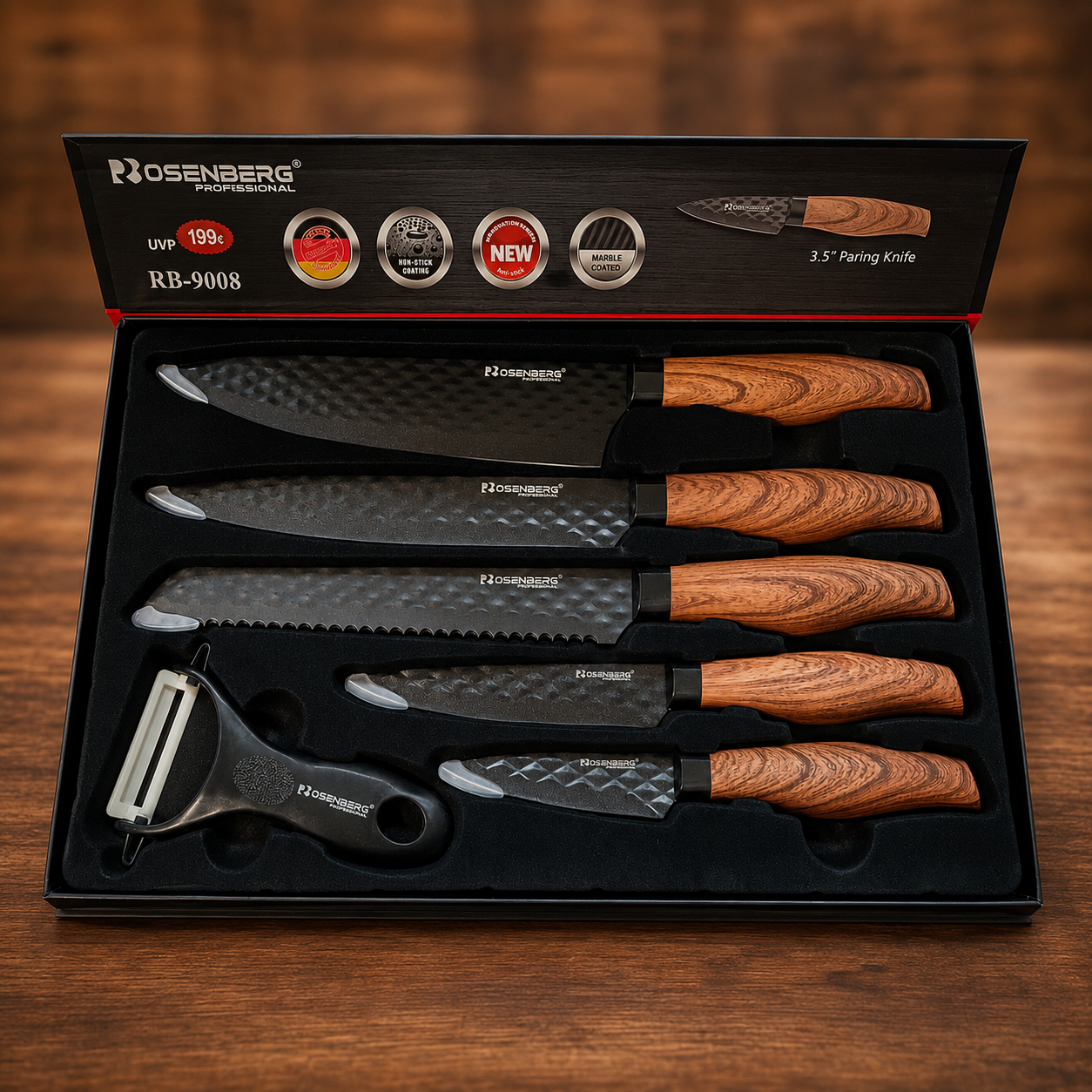 6 PIECES KNIFE SET - WOODEN HANDLES WITH NEW TEXTURE TECHNOLOGY - FOR ABOVE 18 YEARS -MODEL NO:RB-9008 by ROSENBERG