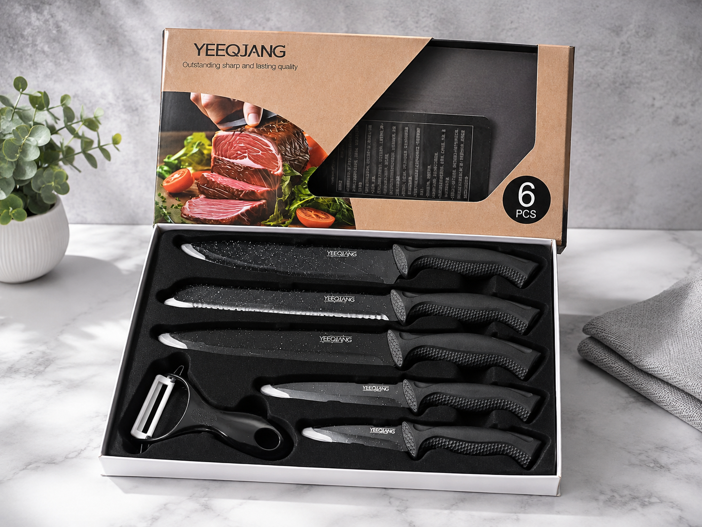 6 PIECES KNIFE SET - KITCHEN KNIVES WITH COMFORTABLE HANDLE & SHARP BLADES - FOR 18+ by YEEQIANG