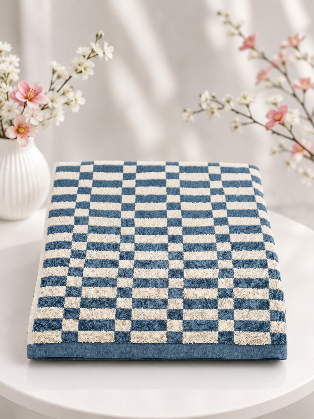 HIGH ST BRAND - PURE COTTON BATH TOWEL - BLUE & WHITE BLOCK CHECK PATTERN - 550GSM - SUPER SOFT & ABSORBENT - 70cm*137cm