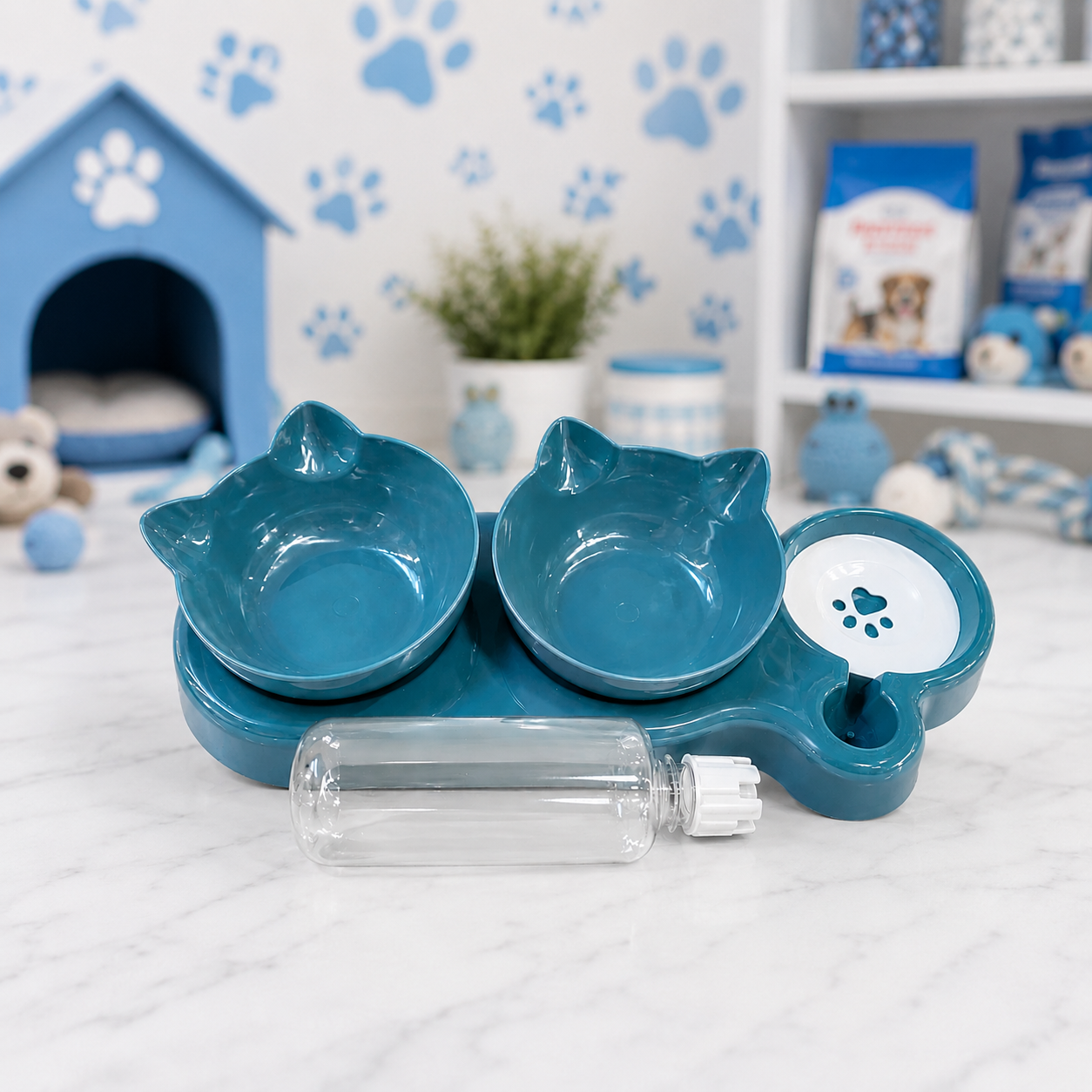 PET FEEDING BOWL - TEAL BLUE EDITION WITH TWO BOWLS AND ONE WATER DISPENSER