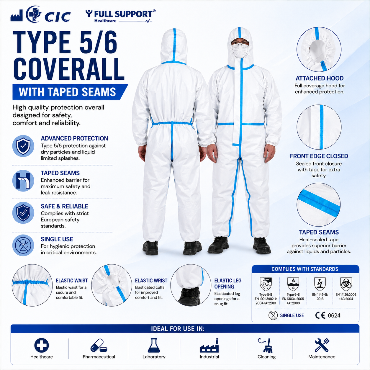 DISPOSABLE HOODED COVERALL TAPED SEAMS - WHITE COLOR - TYPE -5/6 - Size: Large by CIC