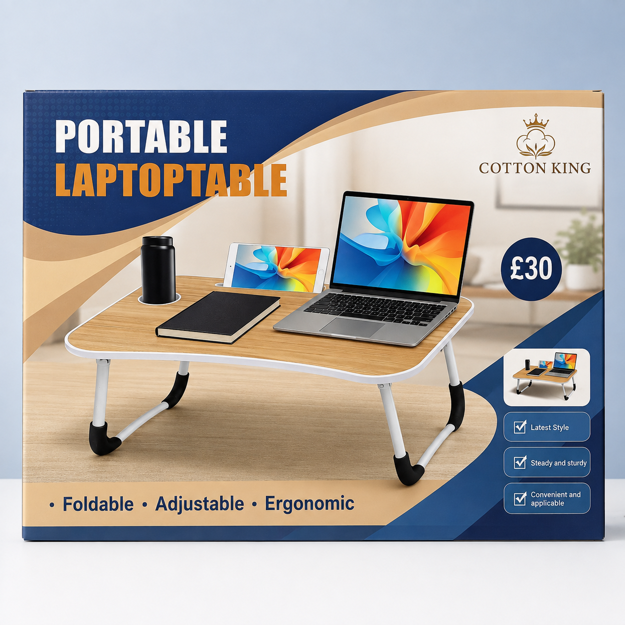 PORTABLE LAPTOP TABLE WITH CUP HOLDER & TABLET SLOT - FOLDABLE,ADJUSTABLE & ERGONOMIC - WOODEN EDITION