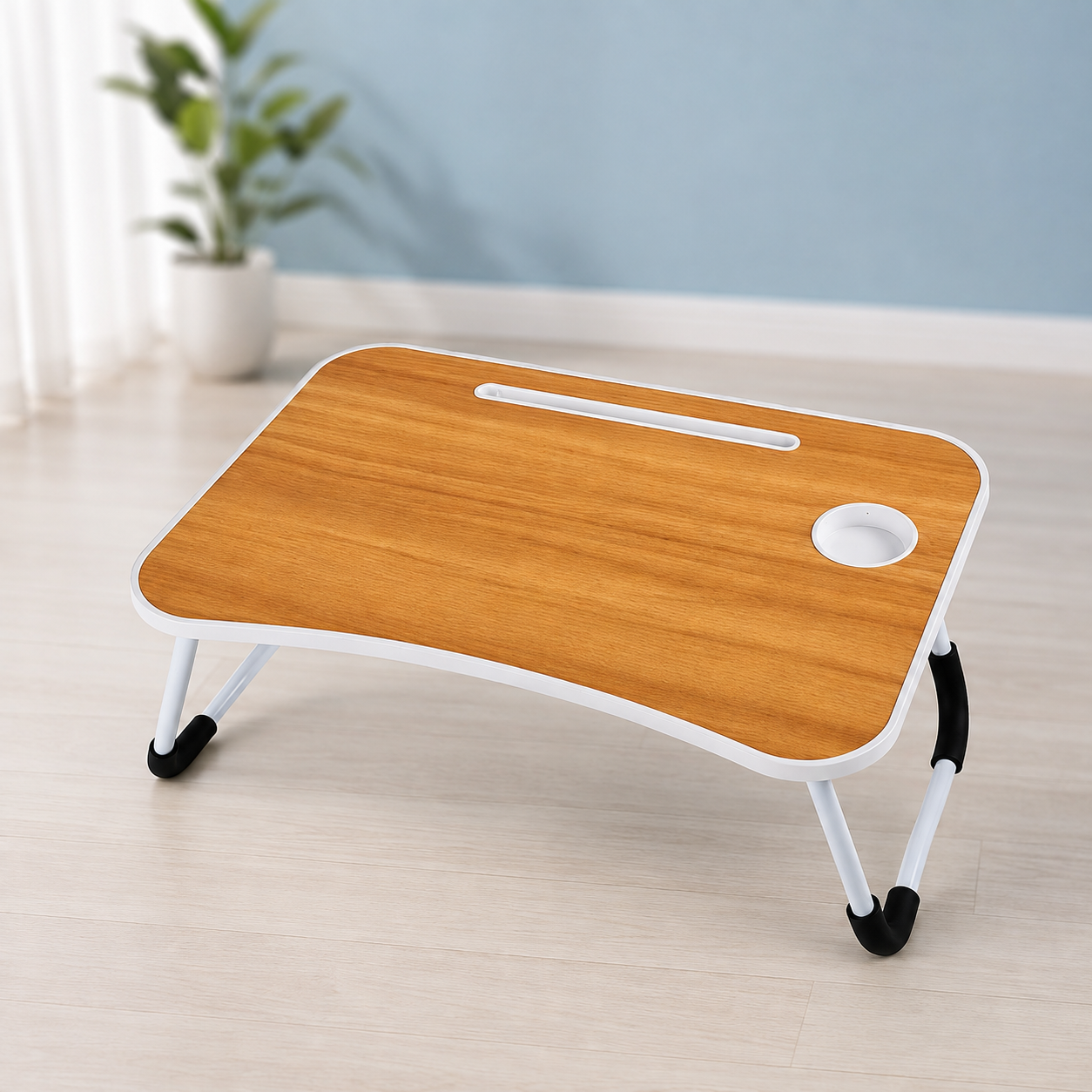 PORTABLE LAPTOP TABLE WITH CUP HOLDER & TABLET SLOT - FOLDABLE,ADJUSTABLE & ERGONOMIC - WOODEN EDITION