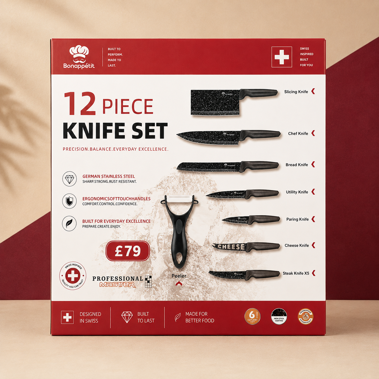 12 PIECE KNIFE SET - GERMAN STAINLESS STEEL WITH SHARP BLADES - FOR 18+ by Bonappetit