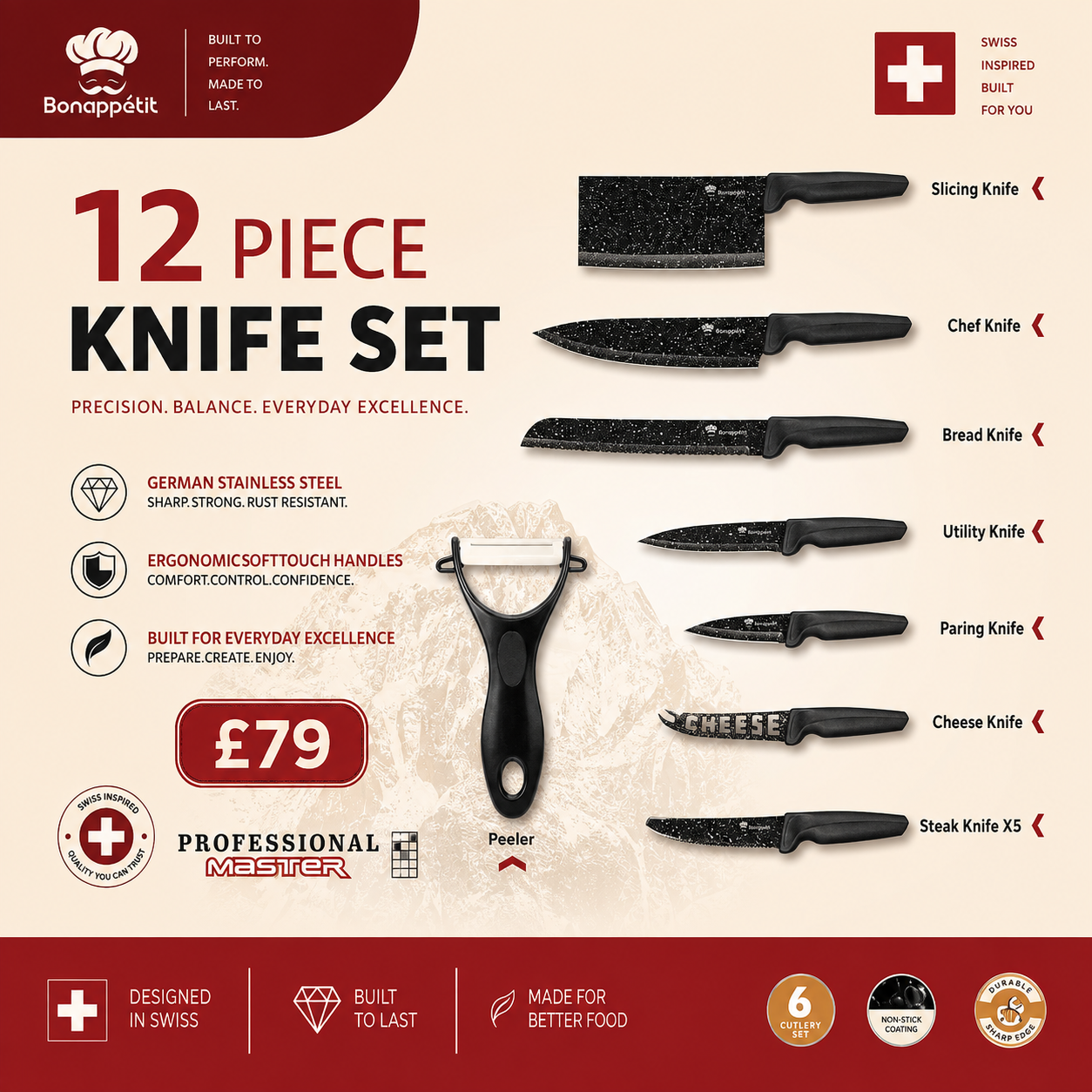 12 PIECE KNIFE SET - GERMAN STAINLESS STEEL WITH SHARP BLADES - FOR 18+ by Bonappetit