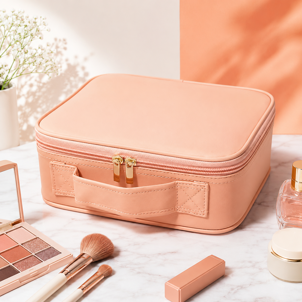 MAKEUP ORGANISER TRAVEL KIT - IN-BUILT LED MIRROR - AVAILABLE IN PEACH/BLACK COLOR