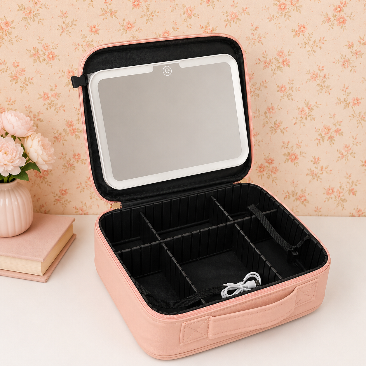 MAKEUP ORGANISER TRAVEL KIT - IN-BUILT LED MIRROR - AVAILABLE IN PEACH/BLACK COLOR