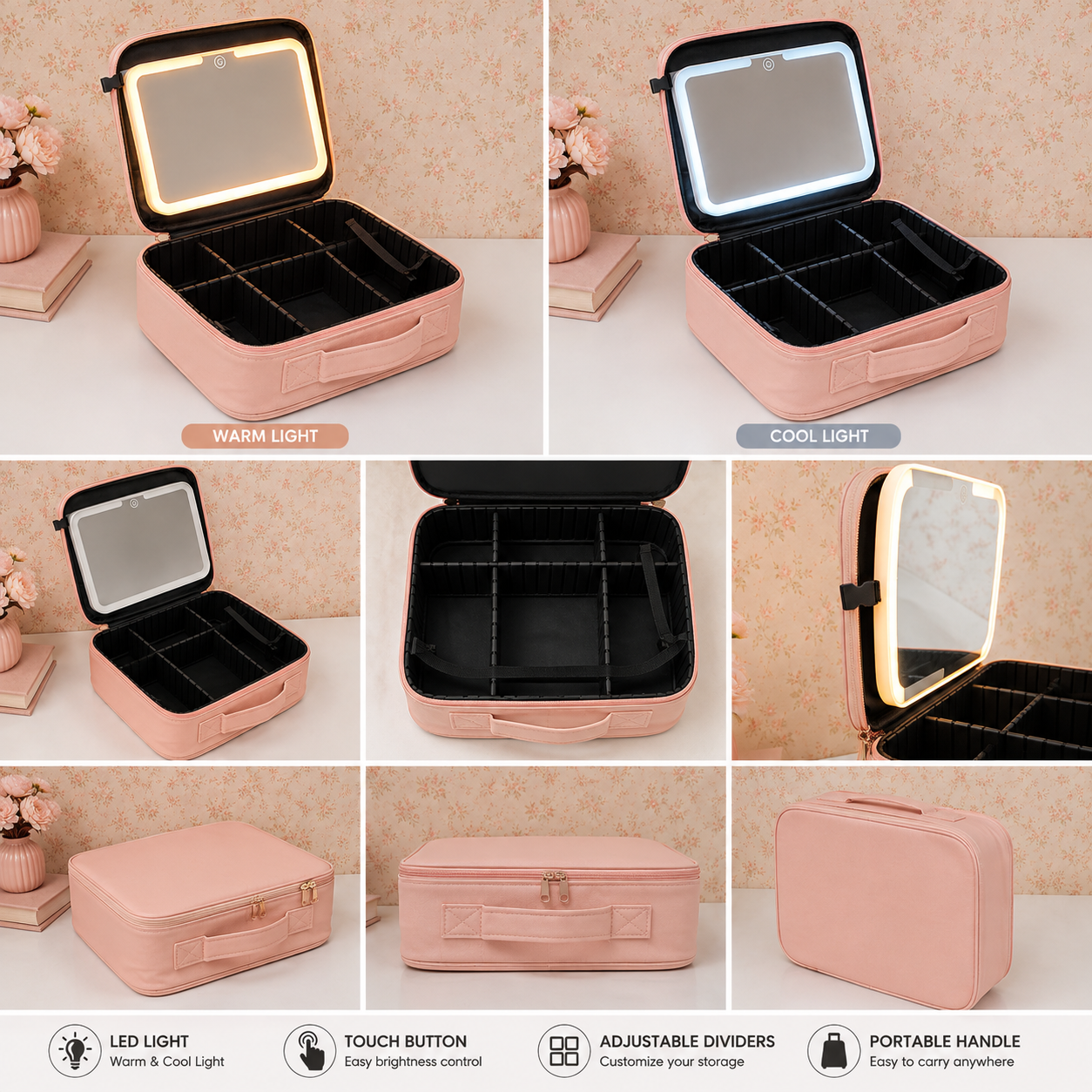 MAKEUP ORGANISER TRAVEL KIT - IN-BUILT LED MIRROR - AVAILABLE IN PEACH/BLACK COLOR