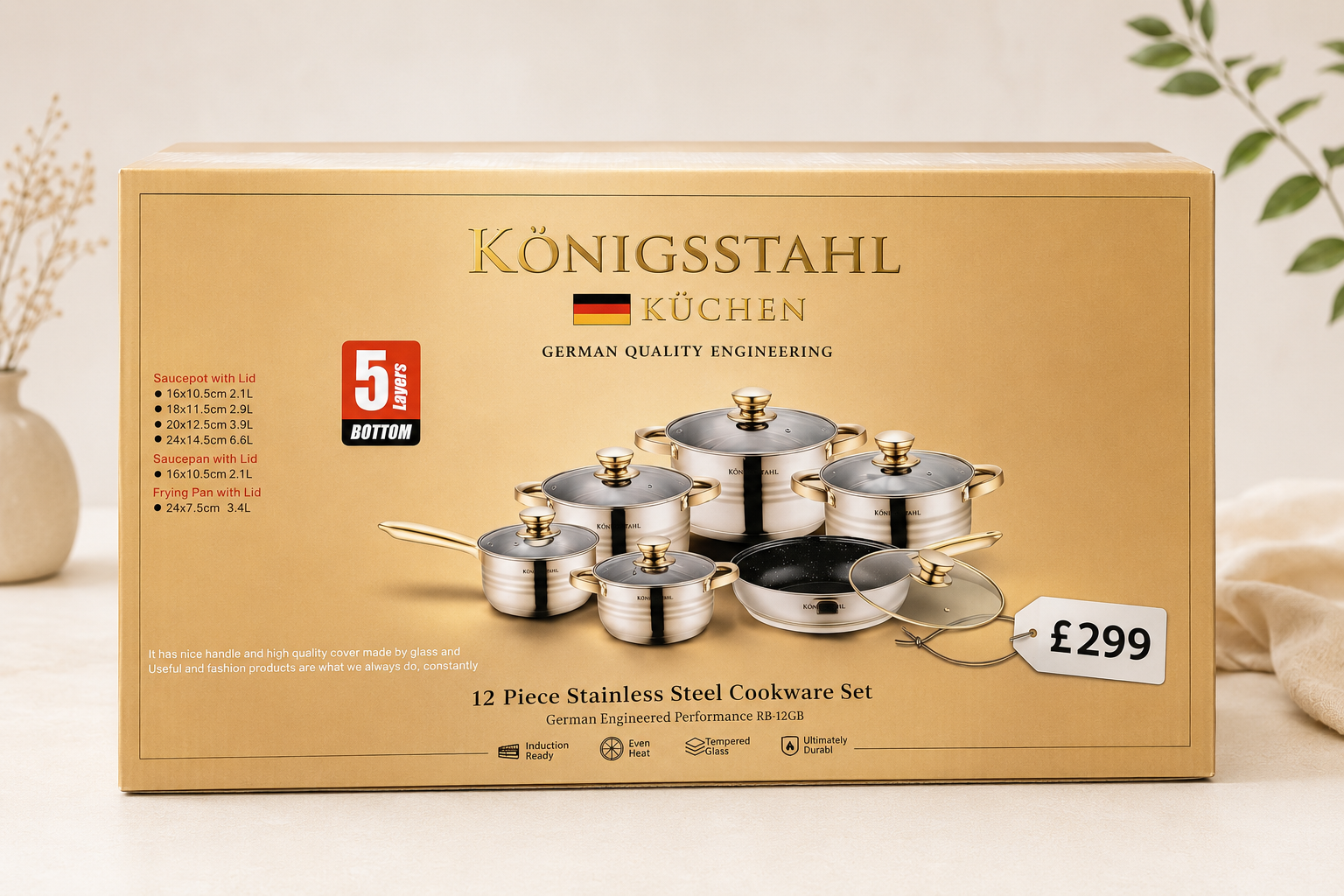12 PIECE STAINLESS STEEL COOKWARE SET - GERMAN QUALITY ENGINEERING - (Model No: RB-12GB)