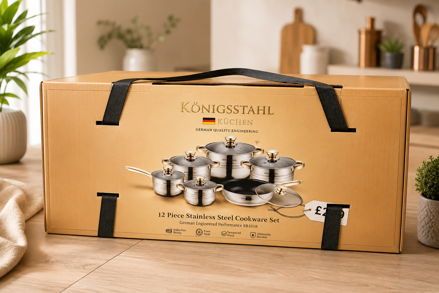 12 PIECE STAINLESS STEEL COOKWARE SET - GERMAN QUALITY ENGINEERING - (Model No: RB-12GB)