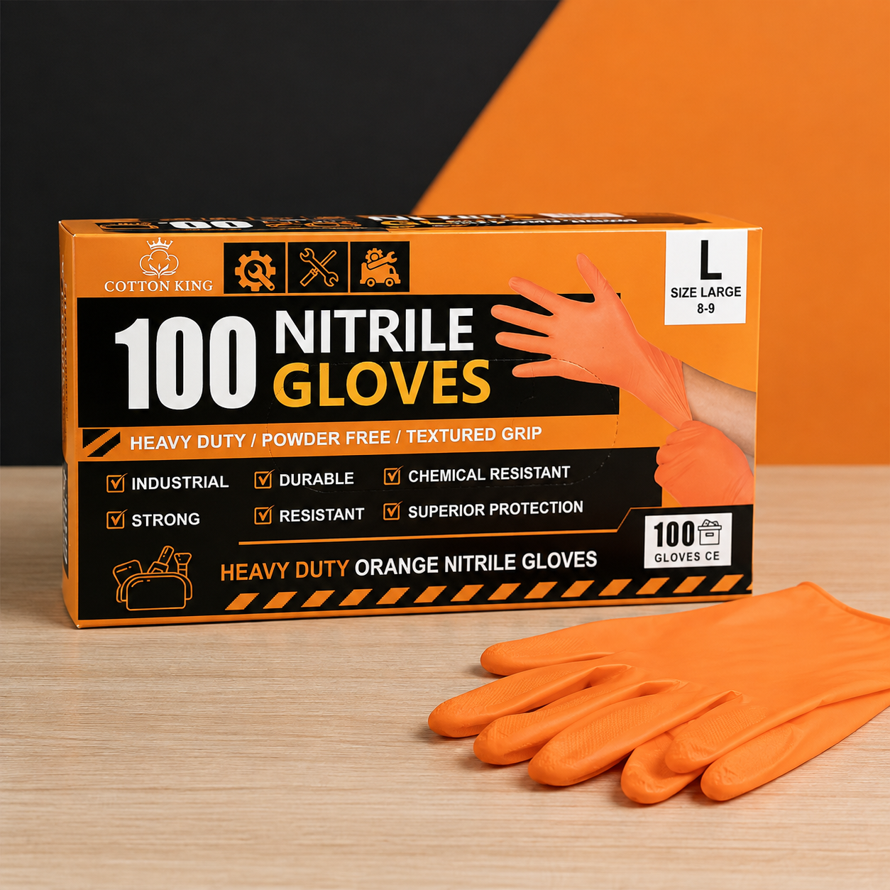 100 NITRILE GLOVES - ORANGE/BLACK COLOR - SIZE -LARGE - HEAVY DUTY,POWDER FREE,CHEMICAL RESISTANT & TEXTURED GRIP
