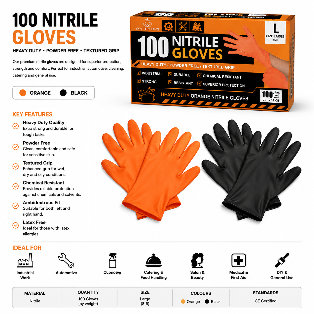 100 NITRILE GLOVES - ORANGE/BLACK COLOR - SIZE -LARGE - HEAVY DUTY,POWDER FREE,CHEMICAL RESISTANT & TEXTURED GRIP