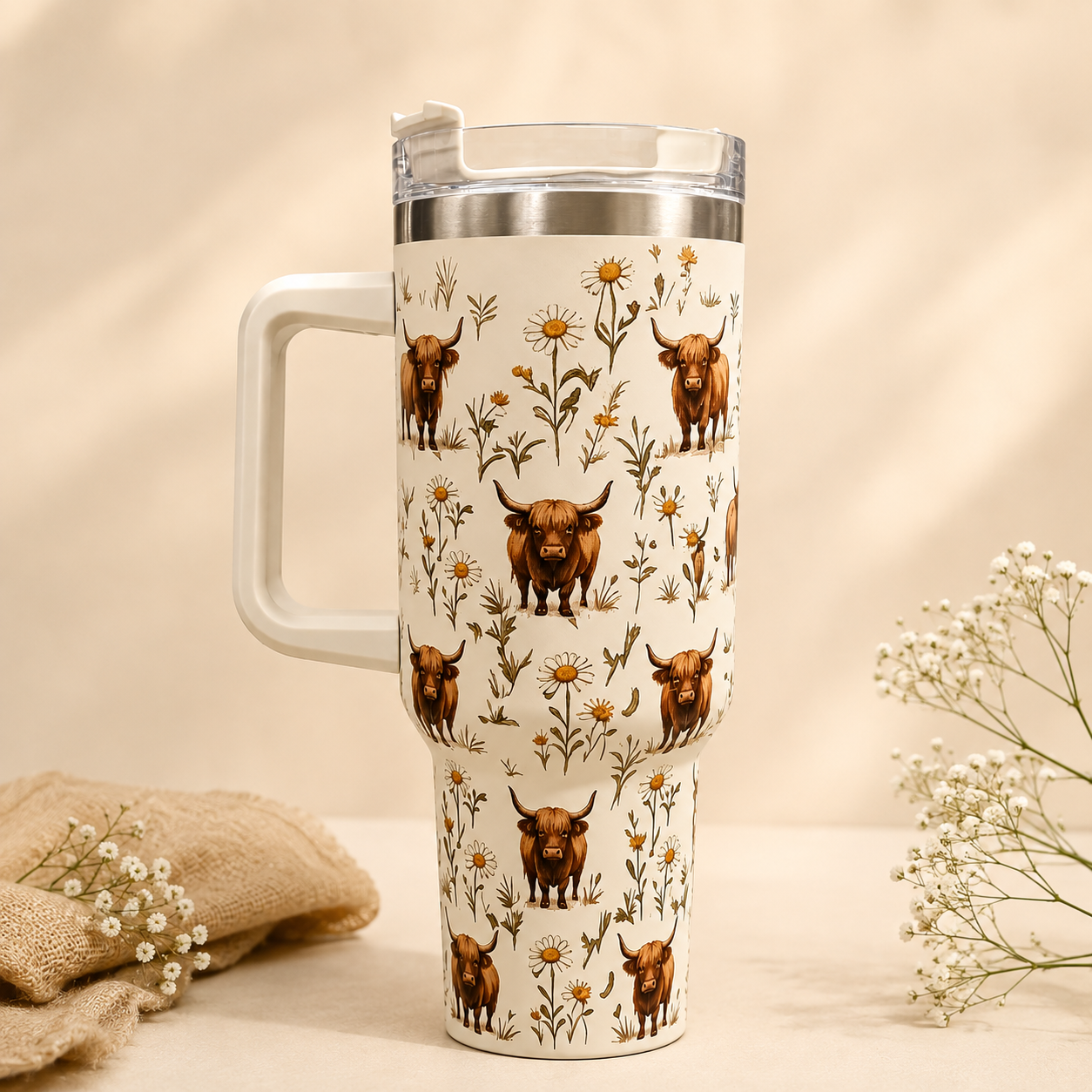 COW STANLEY - INSULATED TRAVEL MUG WITH HANDLE & STRAW LID - 'COW IN THE FIELDS THEME'