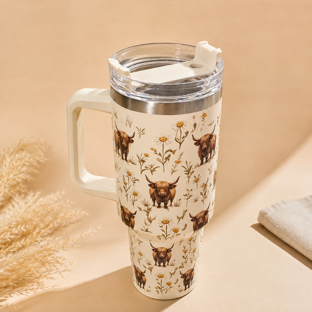 COW STANLEY - INSULATED TRAVEL MUG WITH HANDLE & STRAW LID - 'COW IN THE FIELDS THEME'