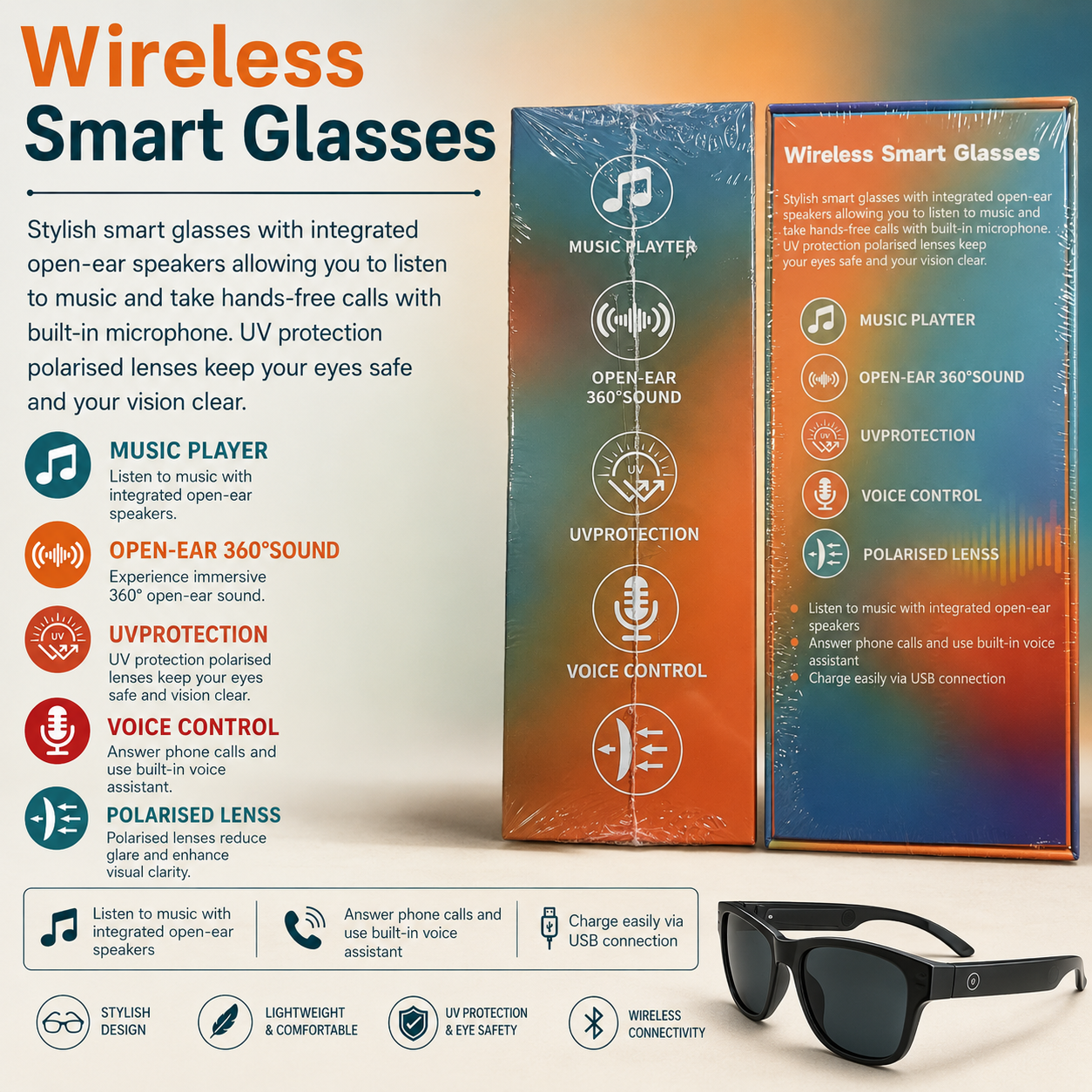 WIRELESS SMART GLASSES - MUSIC PLAYTER,OPEN-EAR 360° SOUND,VOICE CONTROL ALONG WITH UV PROTECTION