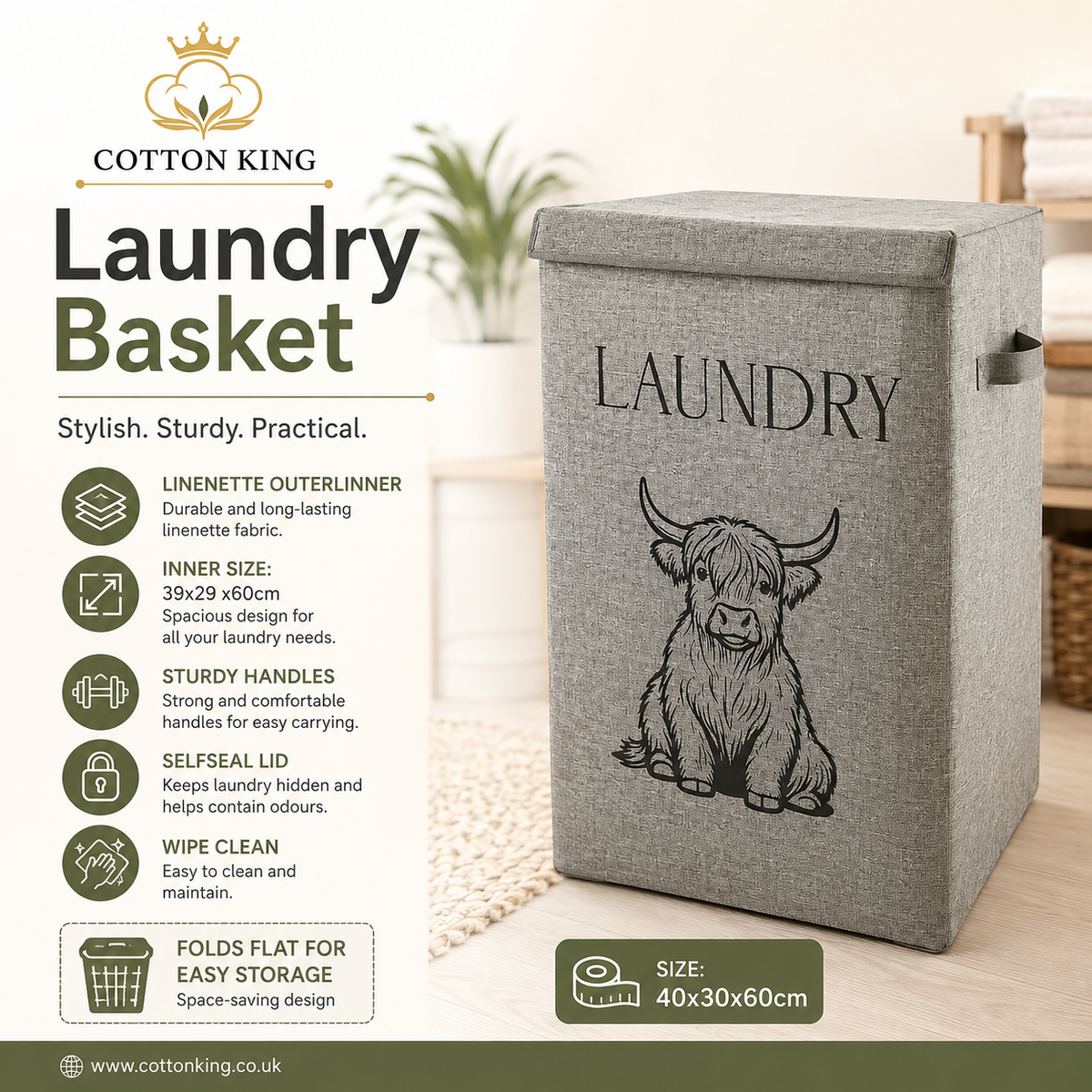 LAUNDRY BASKET - 40*30*60cm - SELFSEAL LID & STURDY HANDLES - GREY COW EDITION