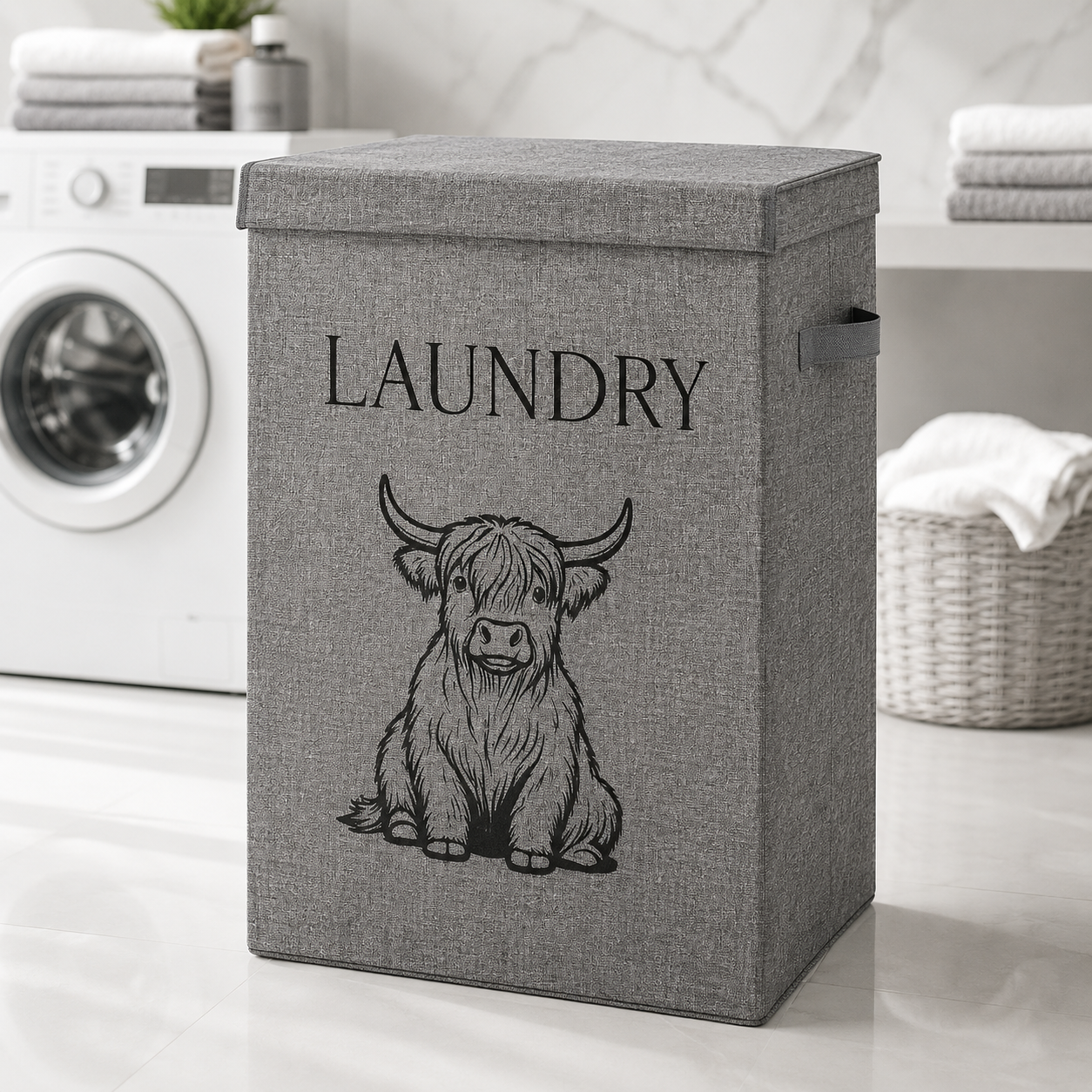 LAUNDRY BASKET - 40*30*60cm - SELFSEAL LID & STURDY HANDLES - GREY COW EDITION