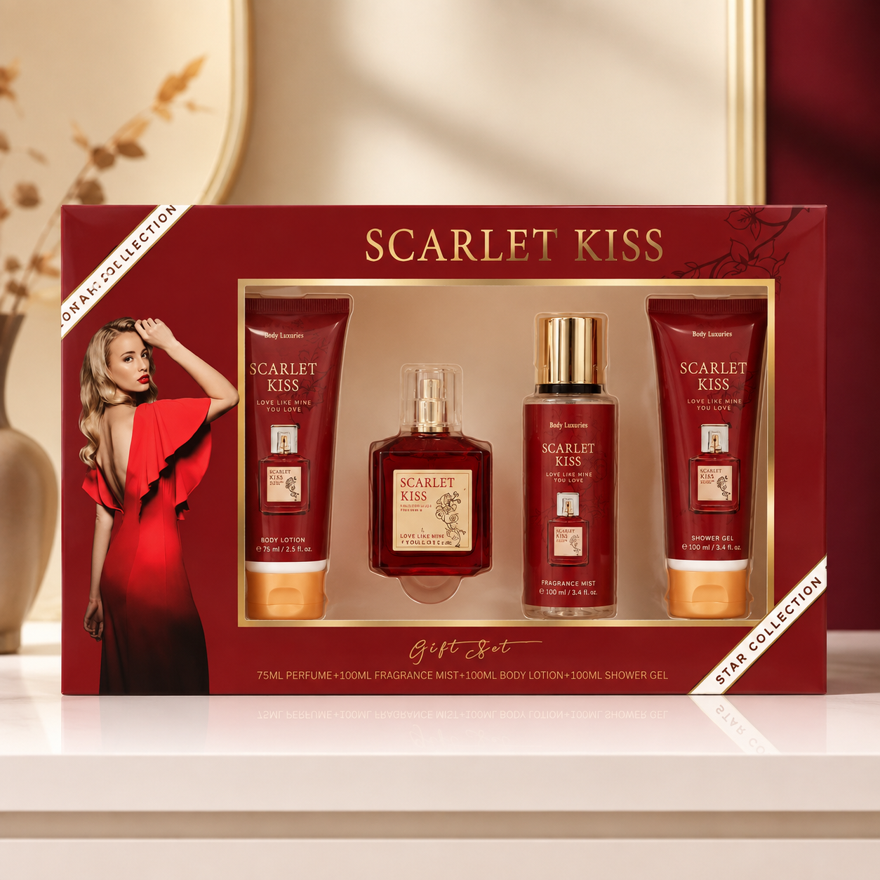 SCARLET KISS WOMEN BODY CARE GIFT SET - PERFUME,SHOWER GEL, BODY LOTION & FRAGRANCE MIST