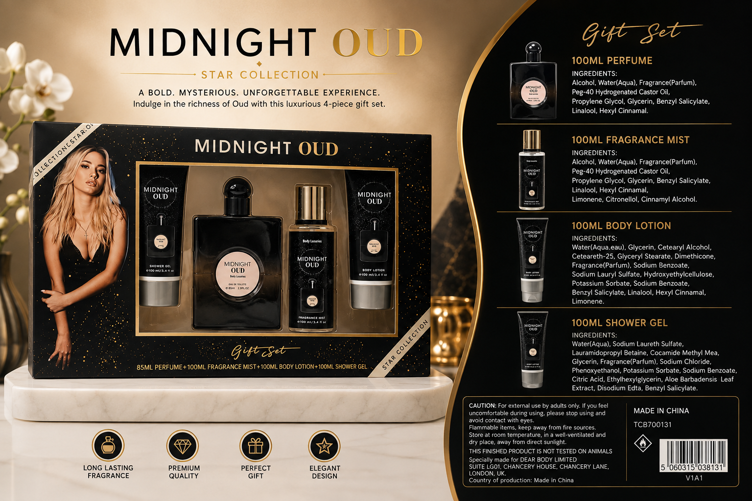 MIDNIGHT OUD WOMEN BODY CARE GIFT SET - PERFUME,SHOWER GEL,BODY LOTION & FRAGRANCE MIST