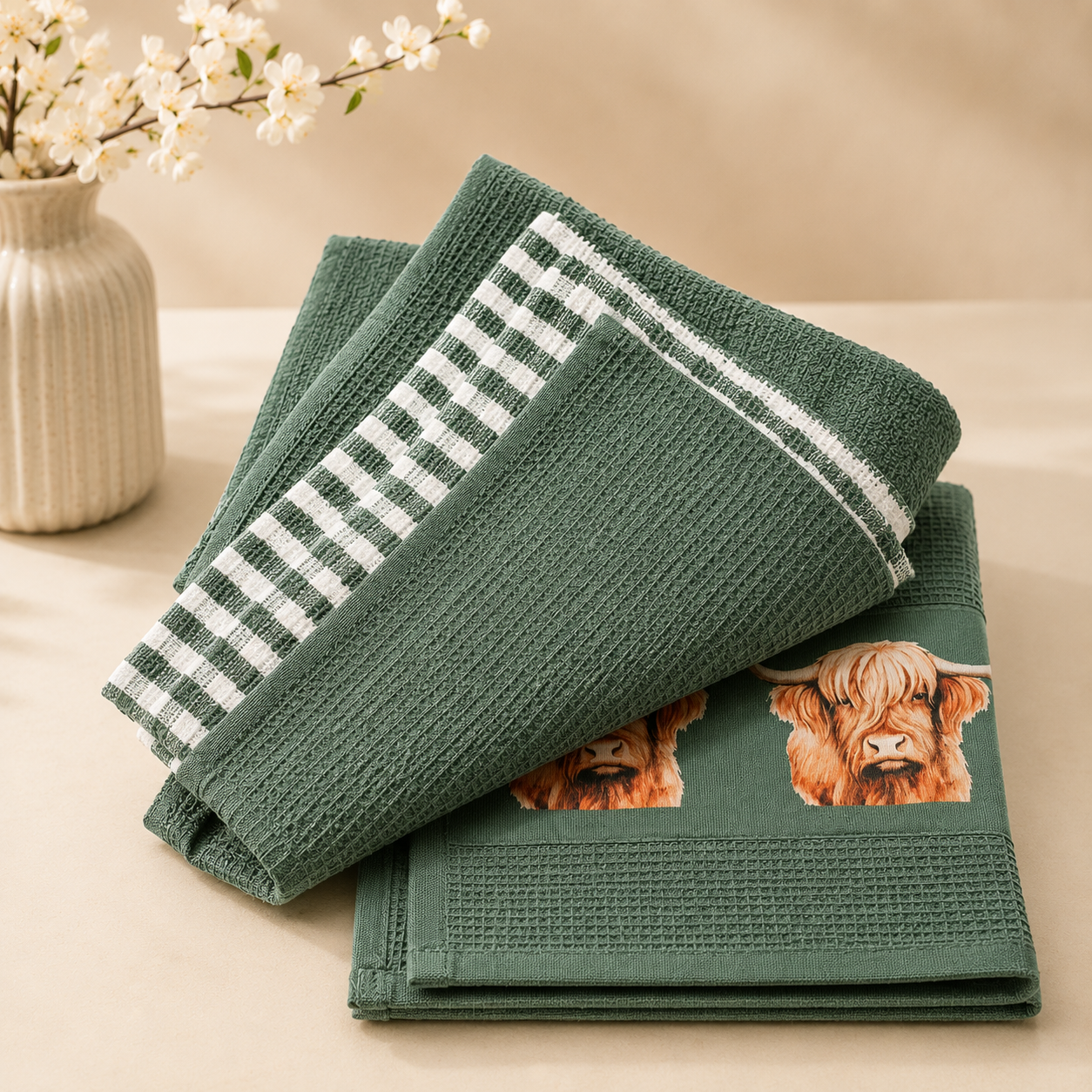 TEA TOWELS - SET OF 3/PACK - (2 SEA GREEN & 1 CHECK LINES) - MUNTI COLORS