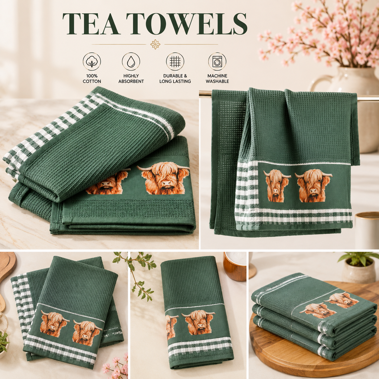 TEA TOWELS - SET OF 3/PACK - (2 SEA GREEN & 1 CHECK LINES) - MUNTI COLORS