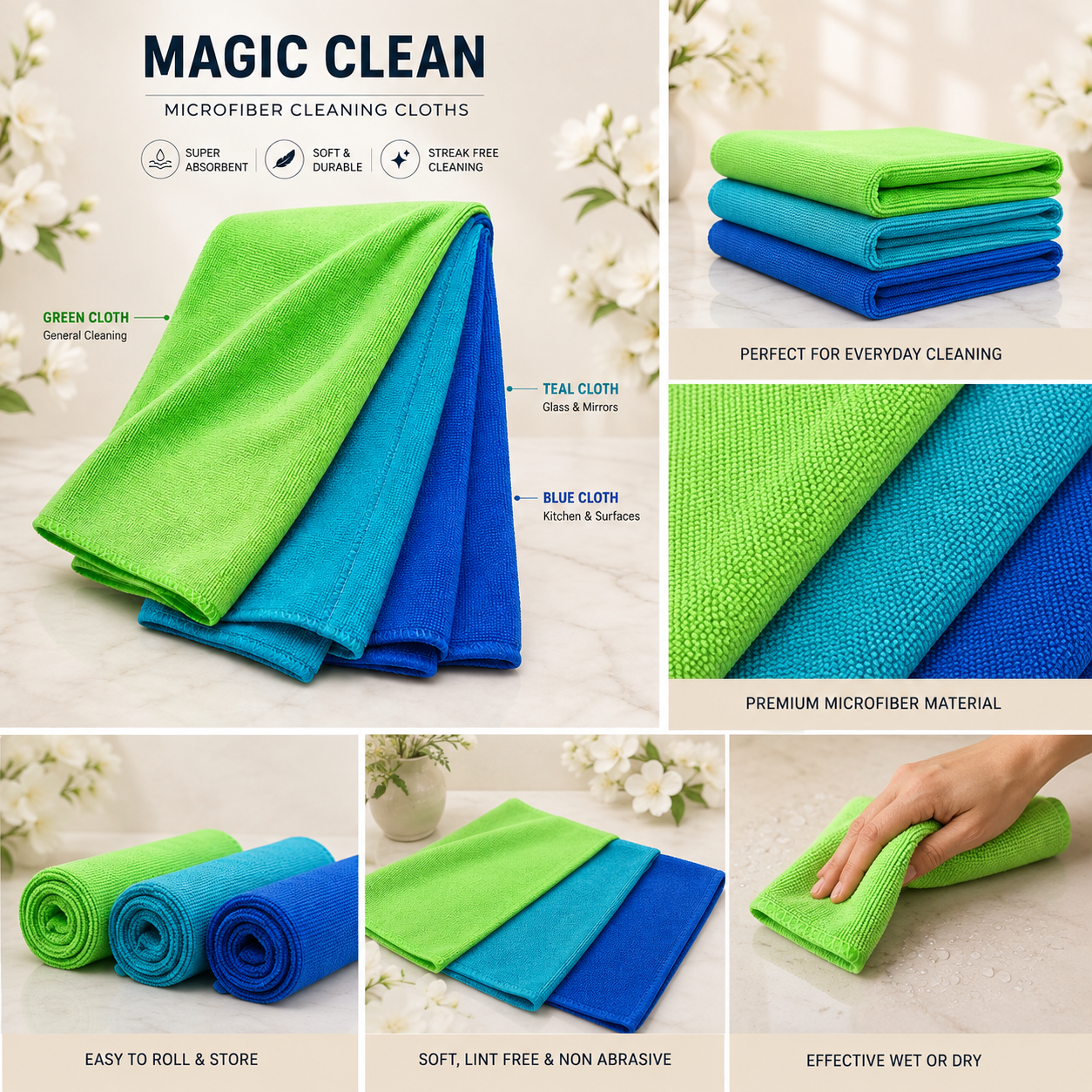 MAGIC CLOTH - SET OF 3/PACK - RANDOM SHADES - SUPER ABSORBENT USED FOR HOME, OFFICE OR COMMERCIAL