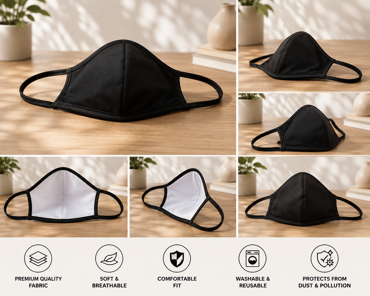 COTTON FACEMASK FOR MULTIPLE USES - SET OF 6/PACK - BLACK COLOR - BREATHABLE & SUPER SOFT