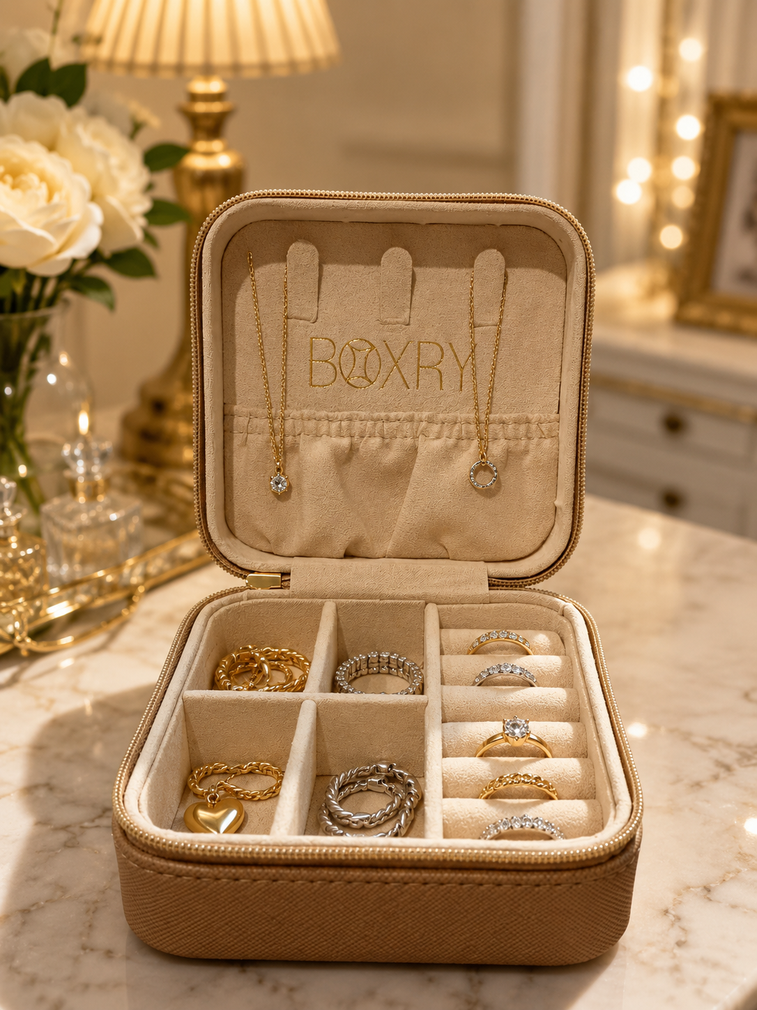 JEWELLERY ORGANISER BOX - SUPER SOFT AND TRAVEL FRIENDLY - GOLD BEIGE COLOR