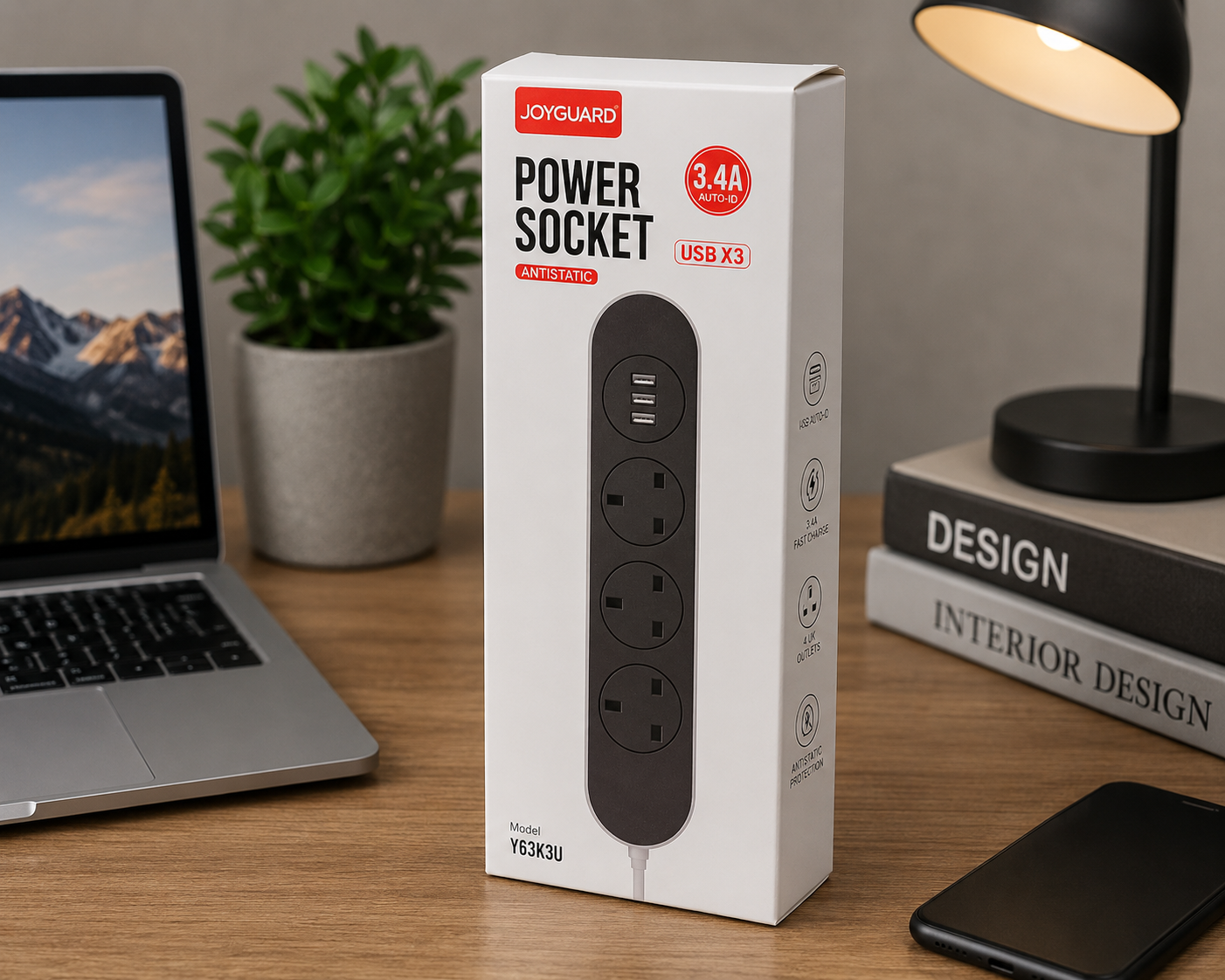 POWER SOCKET - 3000W Anti-Static Power Socket with USB Charging - FOR MULTIPLE PURPOSES -by JOYGUARD