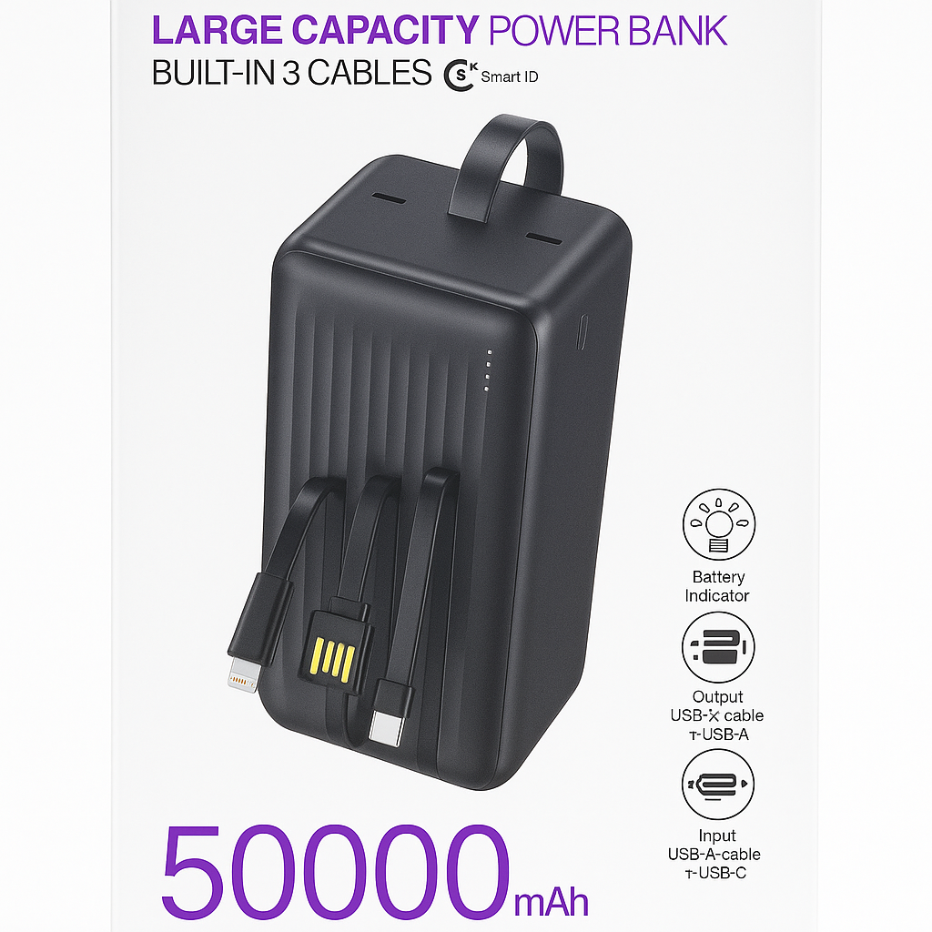 Borofone BJ79C Large Capacity Power Bank with Built-In 3 Cables – 50000mAh