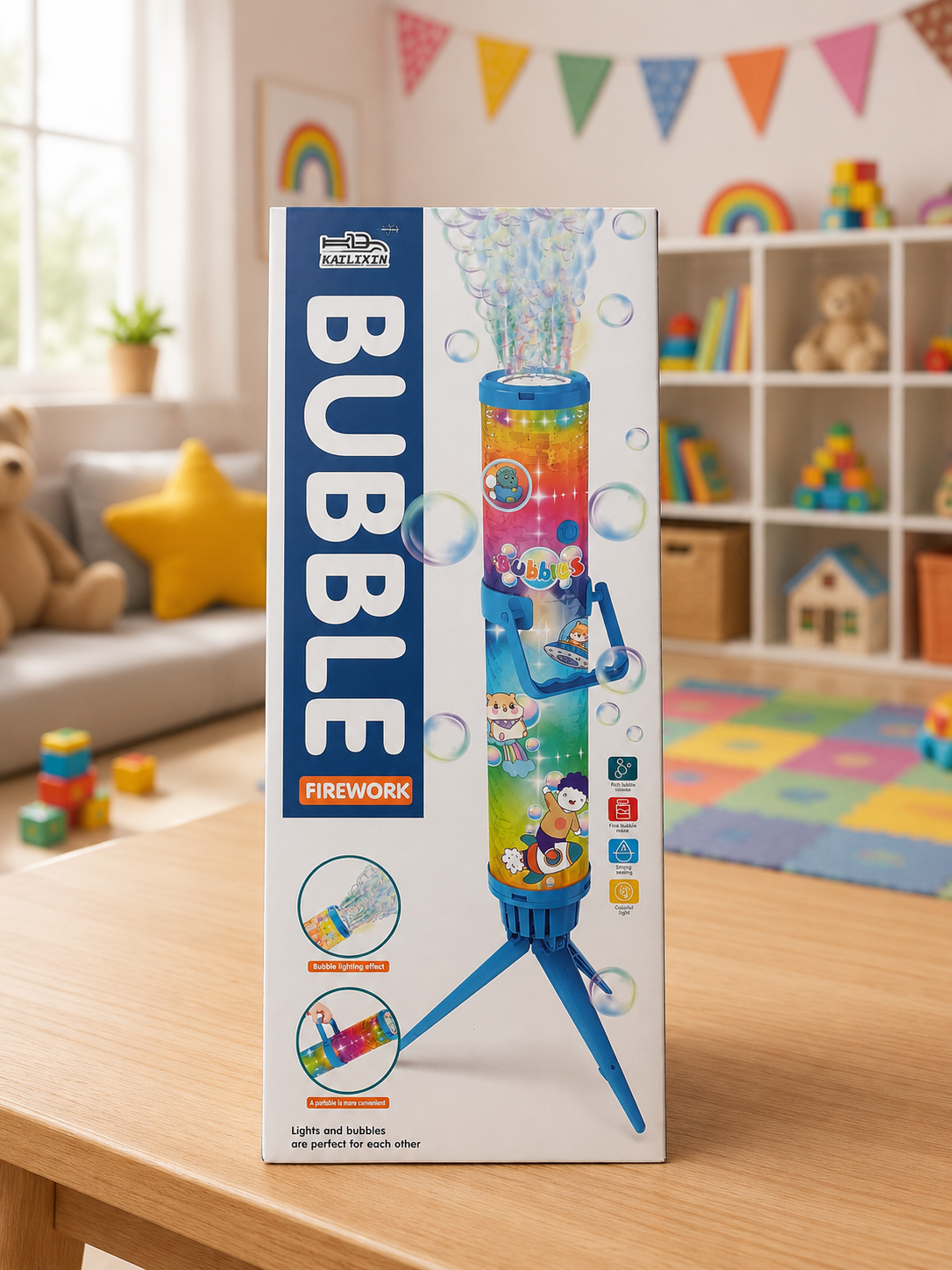 BUBBLE FIREWORK MACHINE - ROCKET SHAPE WITH LED LIGHTS & TRIPOD STAND - FOR ABOVE 3 YEARS - BLUE EDITION