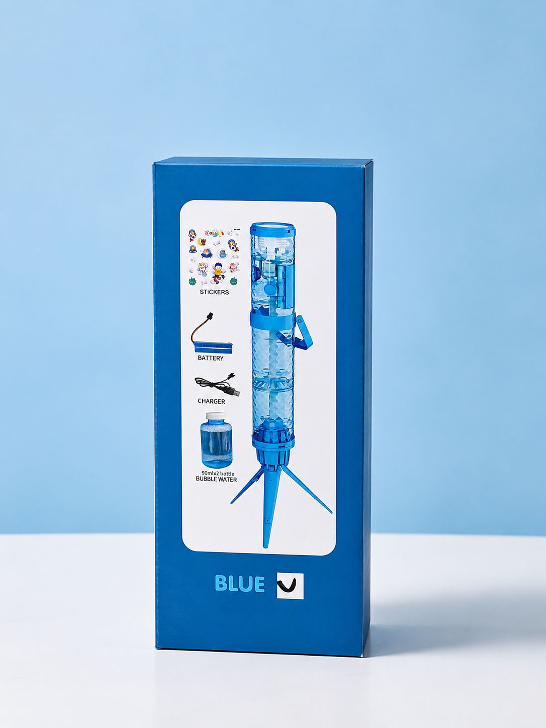 BUBBLE FIREWORK MACHINE - ROCKET SHAPE WITH LED LIGHTS & TRIPOD STAND - FOR ABOVE 3 YEARS - BLUE EDITION