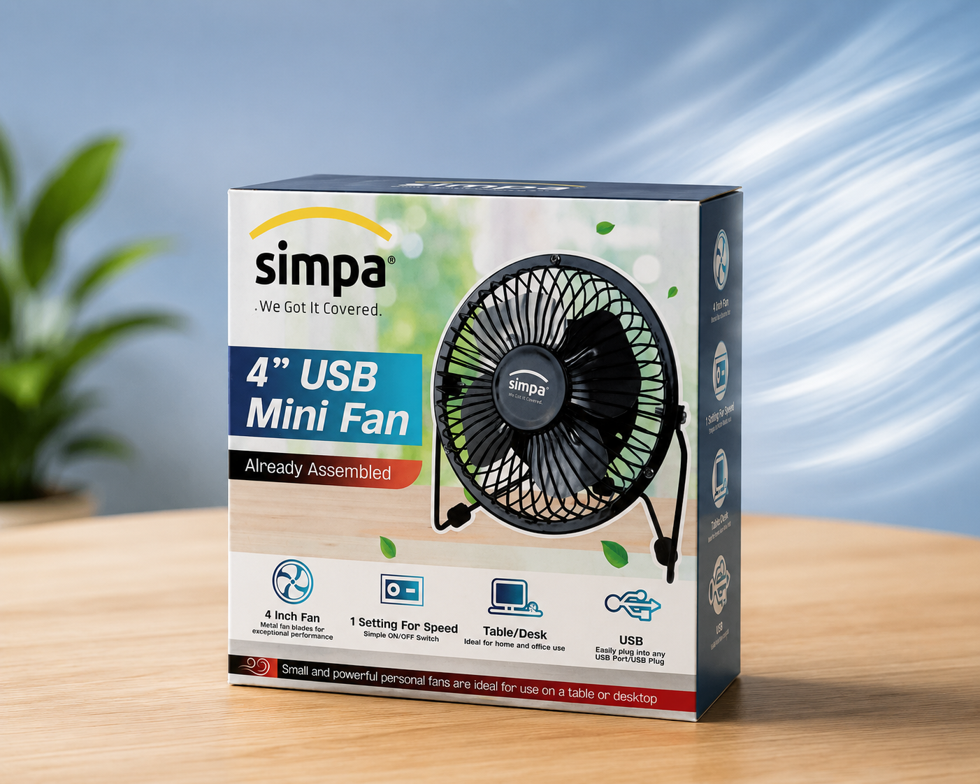 4" USB MINI FAN - IDEAL FOR HOME/OFFICE USE - ALREADY ASSEMBLED - BLACK COLOR by SIMPA