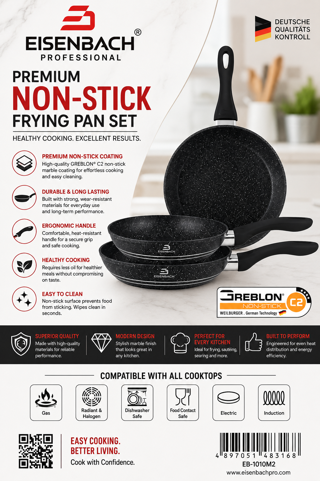 FORGED ALUMINUM FRY PAN SET - SET OF 3 PANS IN 3 DIFFERENT SIZES by EISENBACH