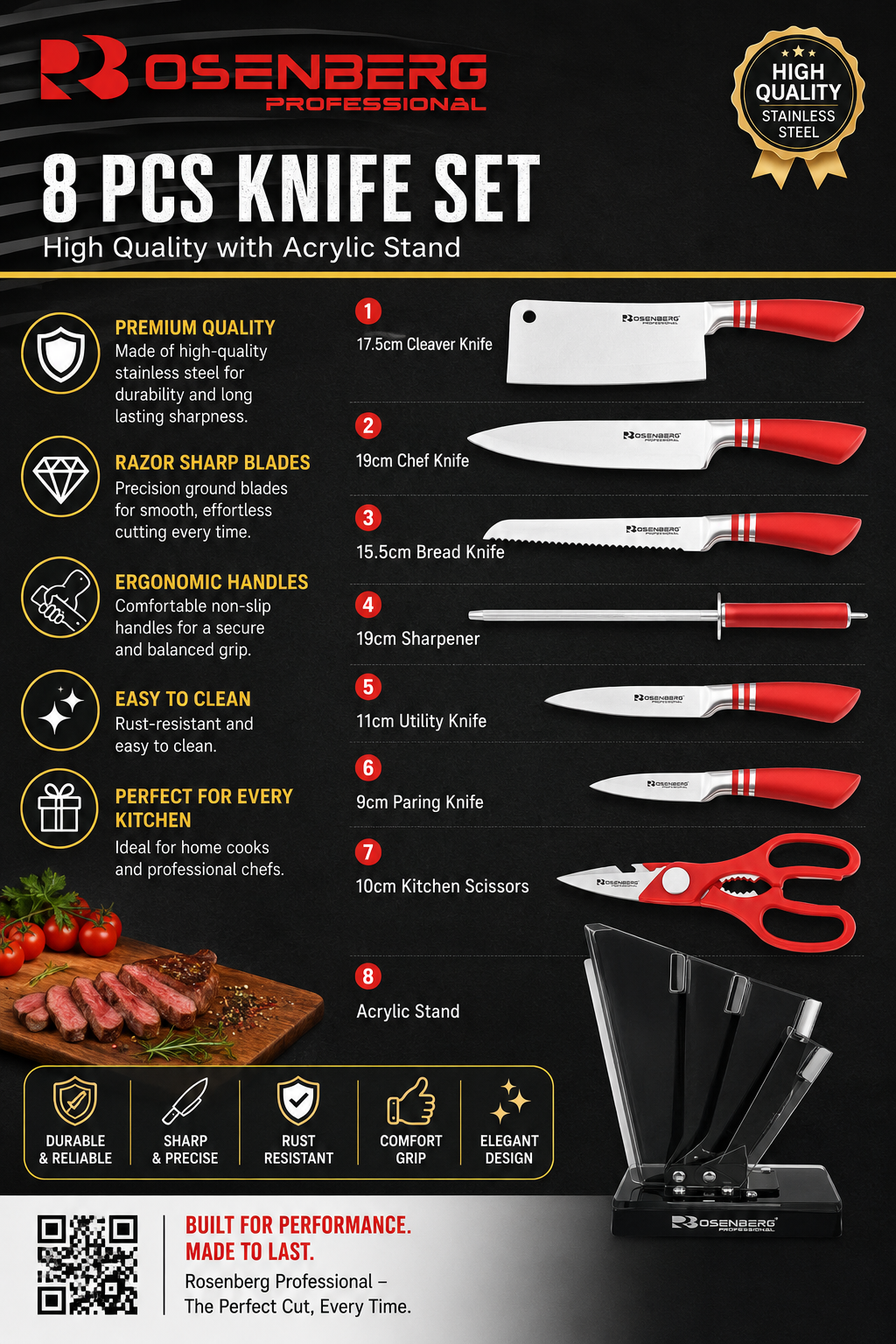8 PIECE KNIFE SET - HIGH QUALITY WITH ACRYLIC STAND - MODEL NO:RB-008B - BLACK COLOR - by ROSENBERG - FOR 18+