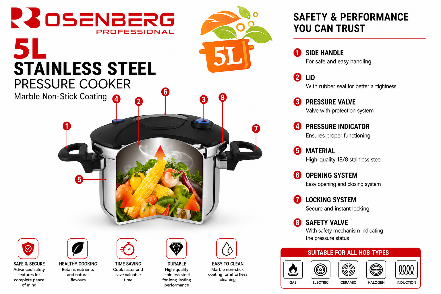 STAINLESS STEEL PRESSURE COOKER - 5 Litre by ROSENBERG