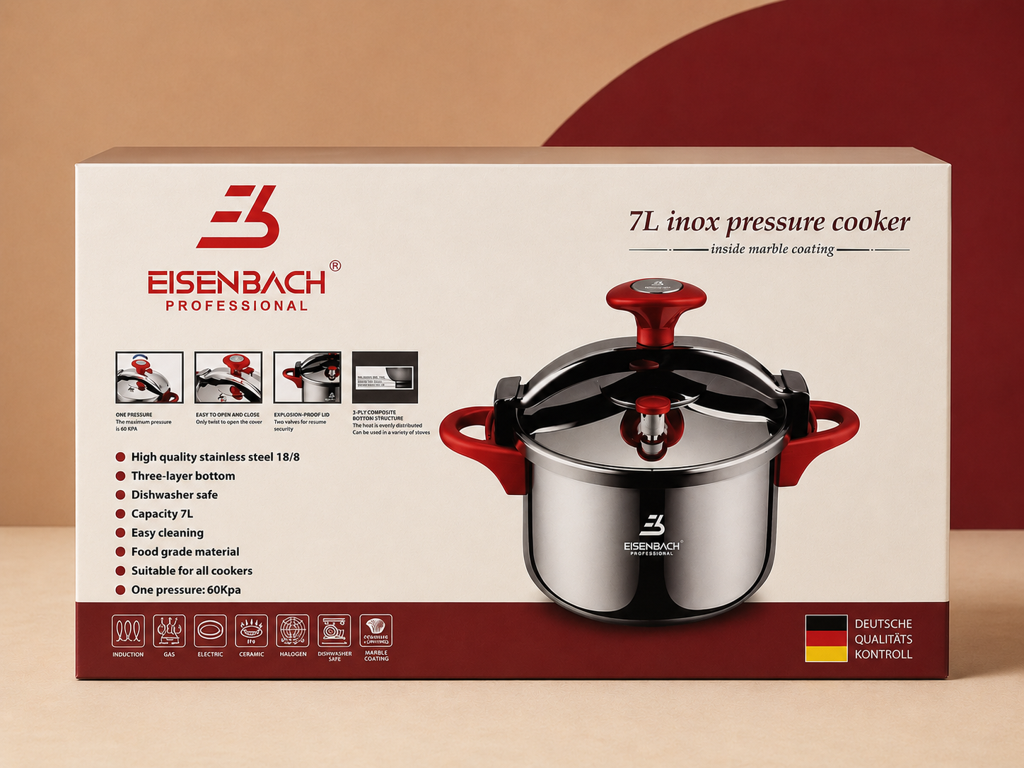 7 LITRES/ 5 LITRES- STAINLESS STEEL PRESSURE COOKER - RED COLOR - by EISENBACH