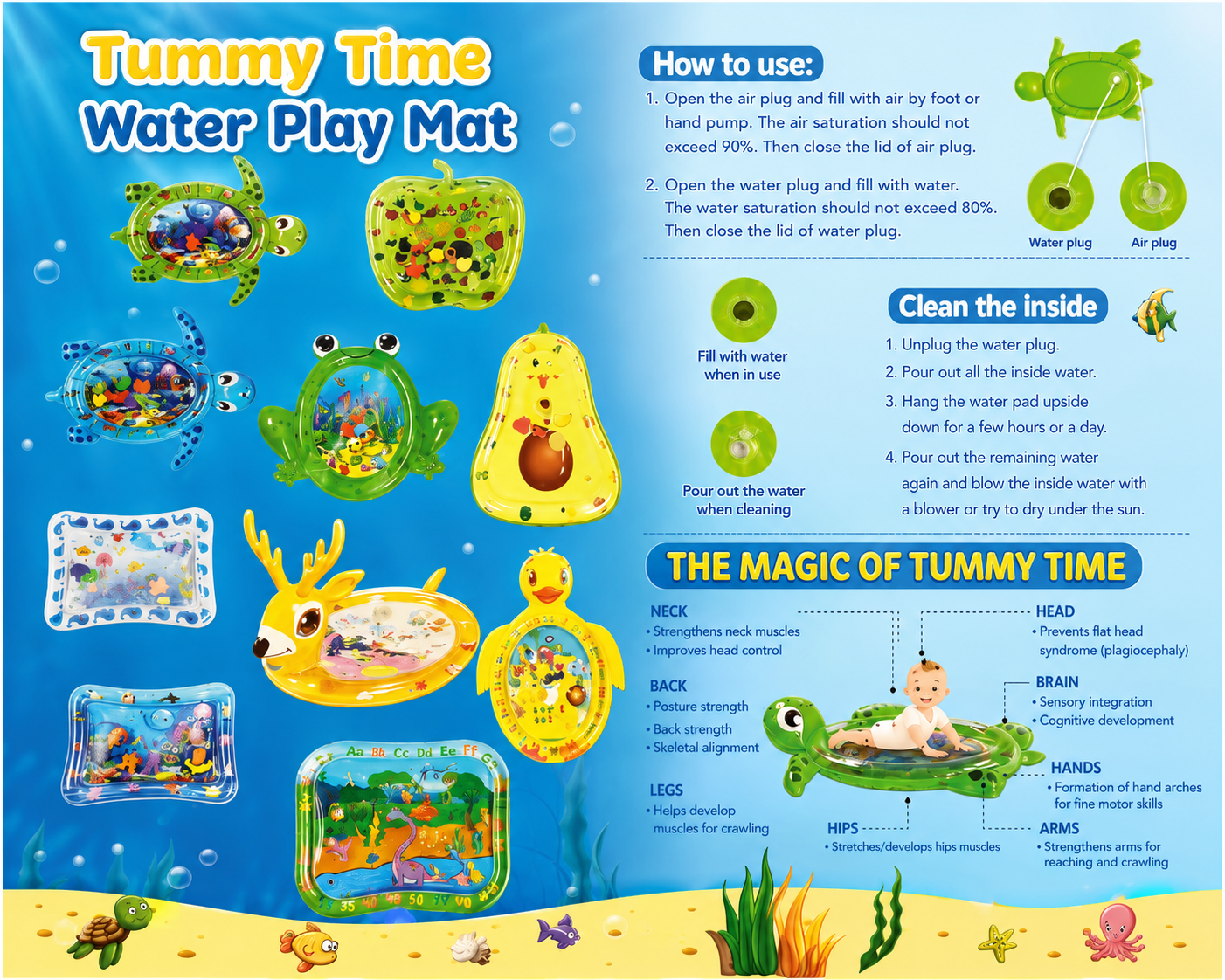 BABY WATER PLAY MAT - SEALIFE THEME FOR BABIES AGED 3 MONTHS AND ABOVE - NON-TOXIC & BPA-FREE