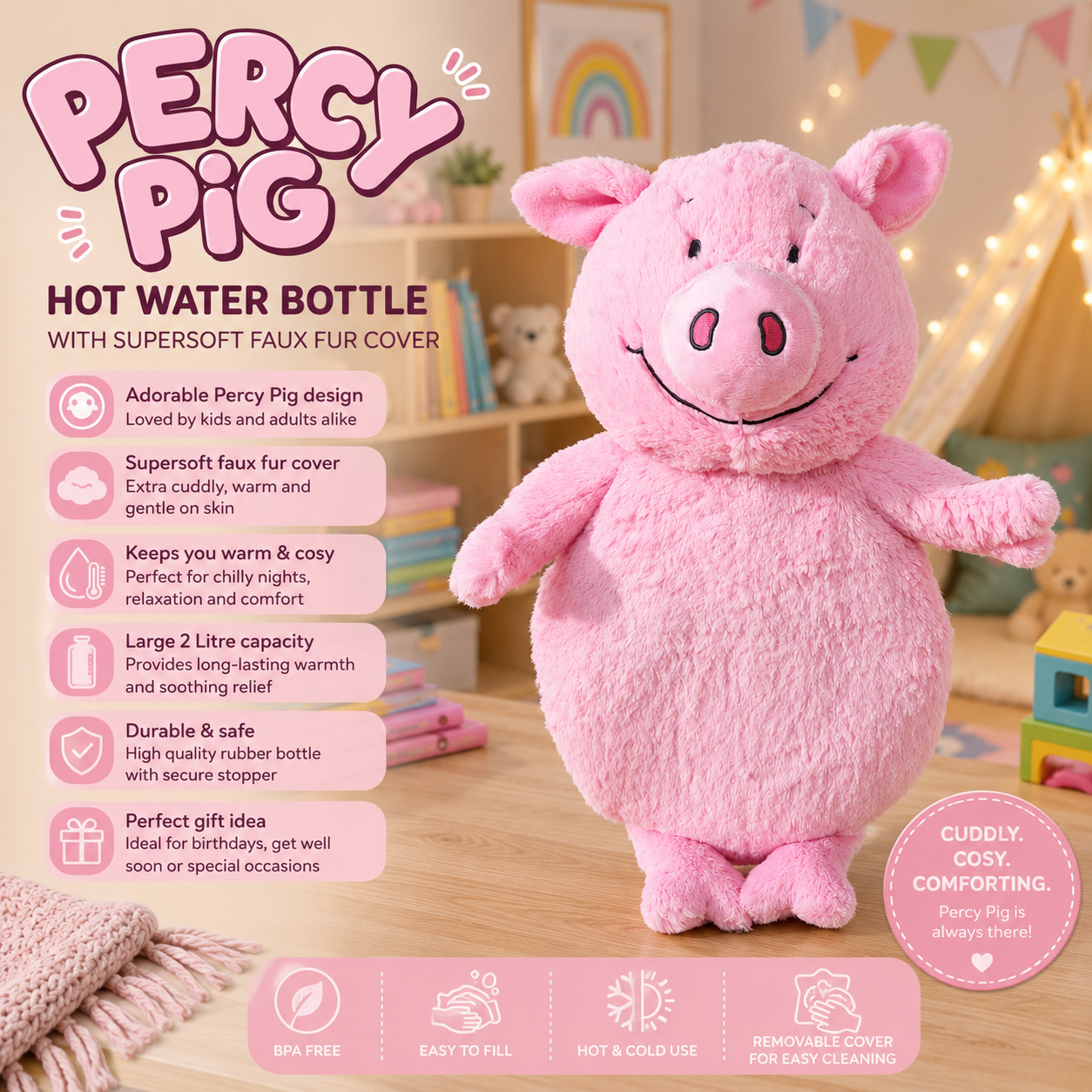 HIGH ST BRAND - PERCY PIG HOT WATER BOTTLE WITH SUPERSOFT FAUX FUR COVER