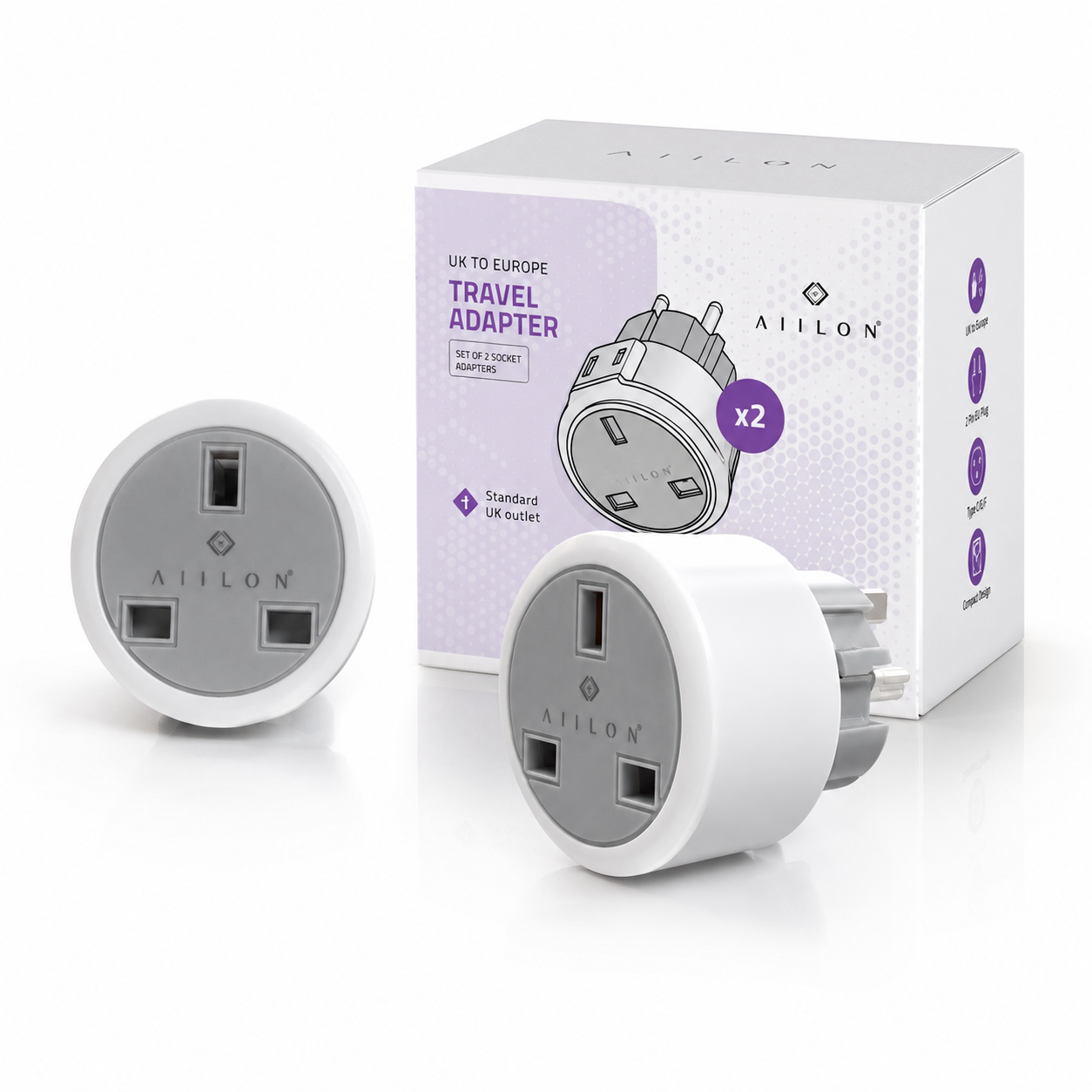 AIILON UK to Europe Travel Adapter Plug Set – Pack of 2 European Travel Plug Adapters for UK Devices