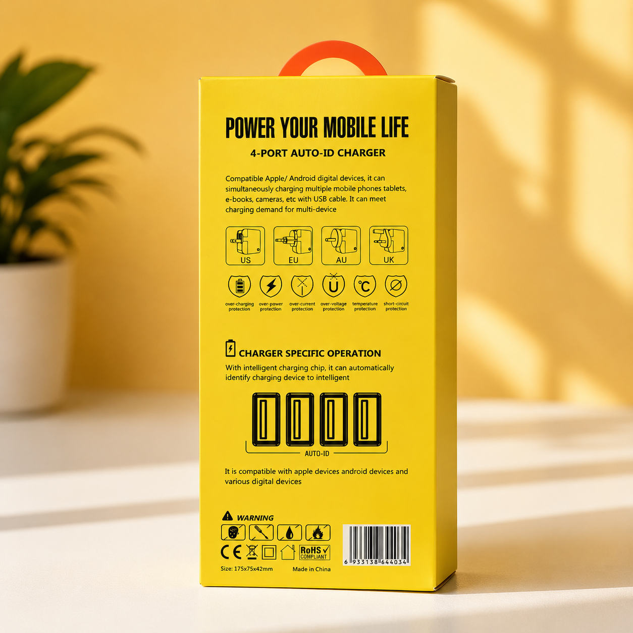 4.4A CHARGER 4U - 4 PORT AUTO ID CHARGER FOR iOS & ANDROID - UK/US/EU/AU Travel Plug Adapters by BEIZKNA
